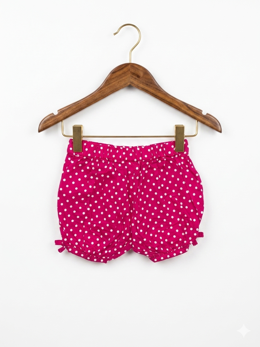 Disney baby clothes, newborn polka dot shorts, magenta baby bloomers, Minnie Mouse style baby wear, 100% cotton newborn clothing, Tiny Thrift Store, pre-loved baby fashion.