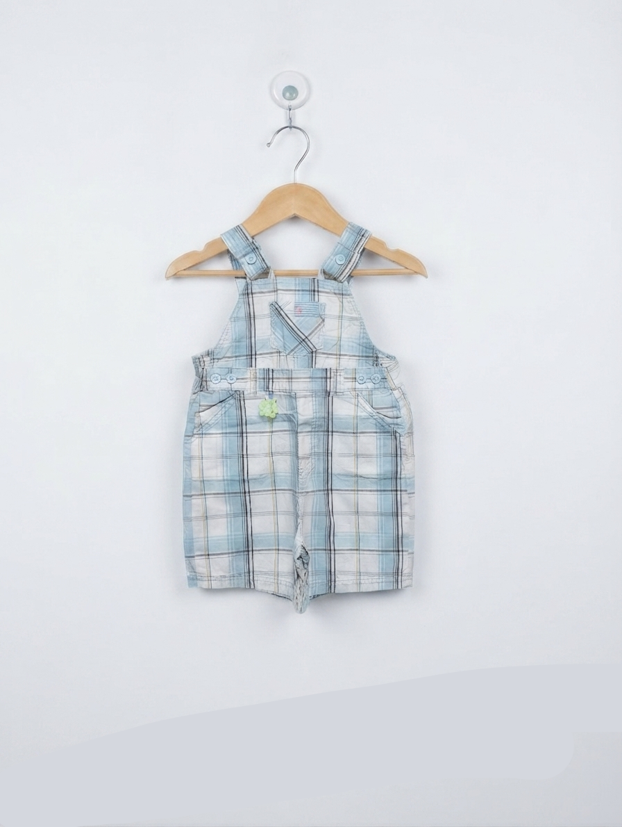 George Boys Light Blue & White Plaid Short Overalls - Size Estimated Age 3-6 Months AB2