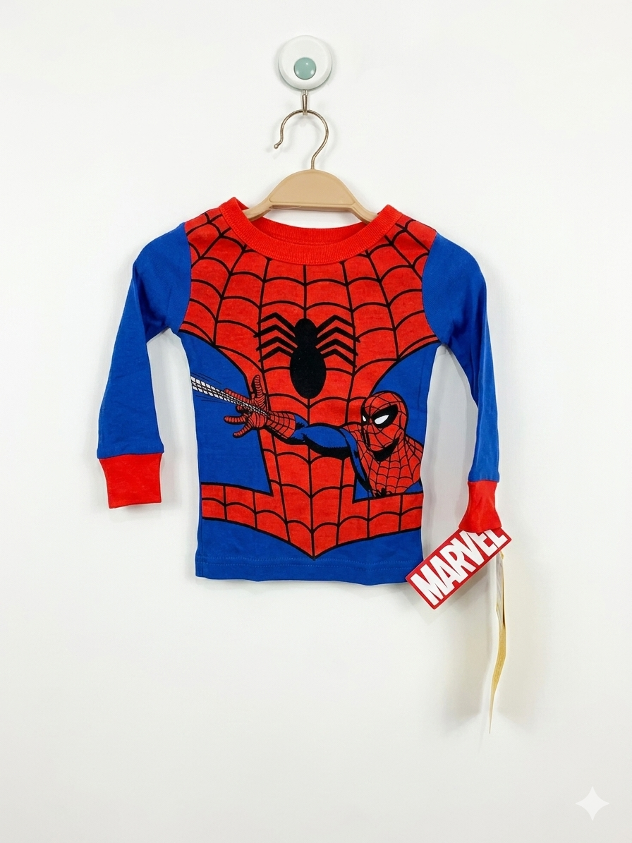Front view of an infant's long-sleeve t-shirt featuring Marvel's Spider-Man. The sleeves are royal blue with red cuffs, and the chest features a large graphic of Spider-Man shooting a web over a red spiderweb background. The shirt is brand new with tags and hanging on a wooden hanger.