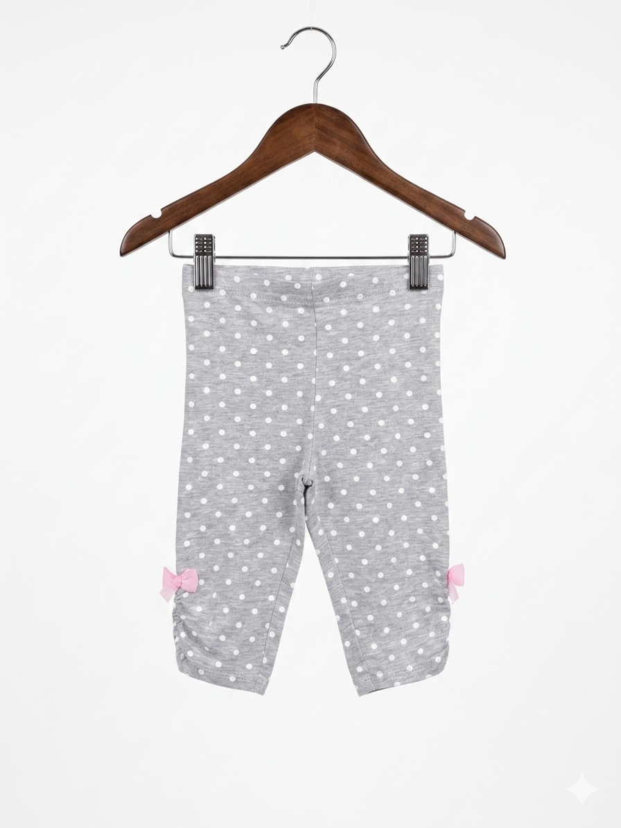 Cherokee Baby Girls Grey Polka Dot Cotton Leggings with Pink Side Bows Size 80 AB1