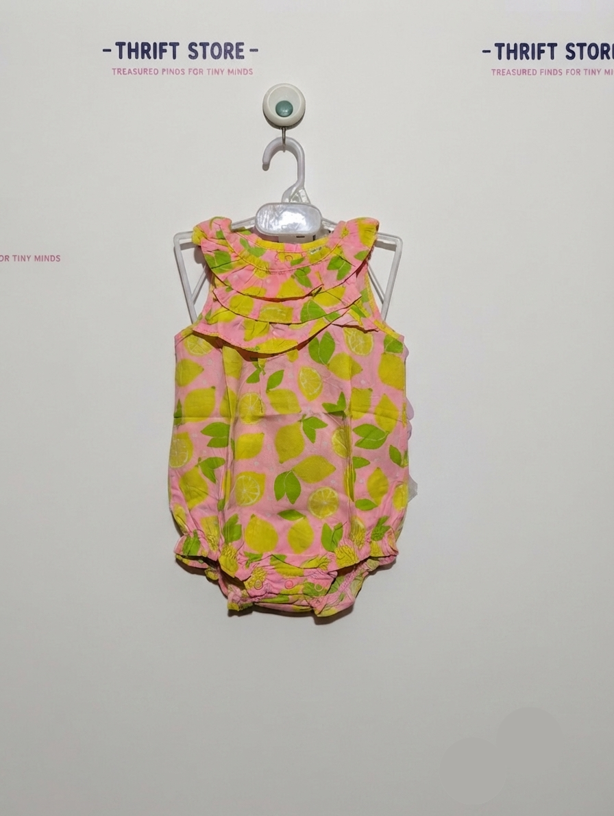 Carter's Girls Pink & Yellow Lemon Print Ruffle Bodysuit Romper - Size Estimated Age 12 Months AB2