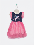 Girls Navy Blue & Pink Unicorn Graphic Tulle Dress - Size 5-6Y (Estimated Age 5-6 Years) AB2