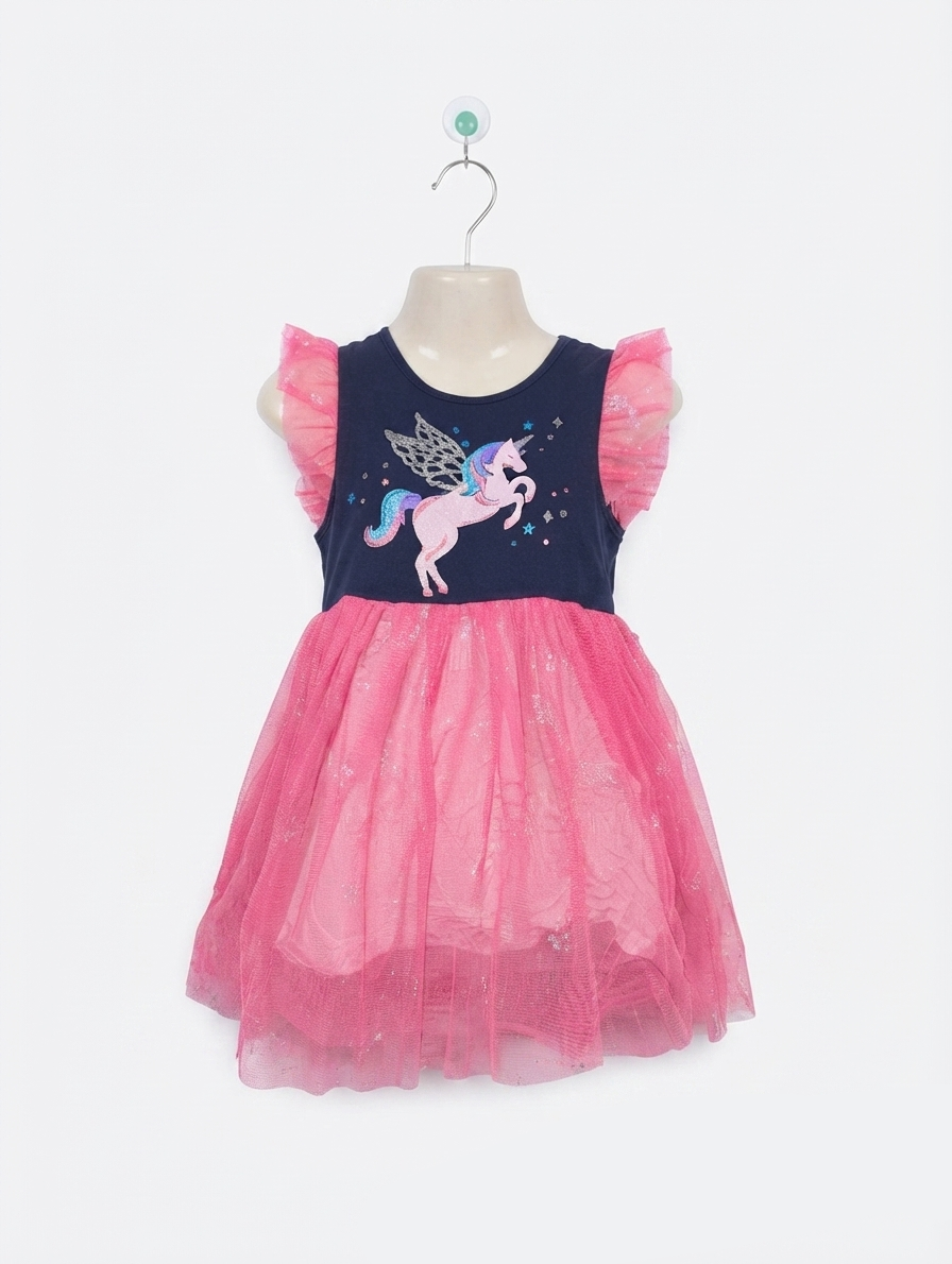 Girls Navy Blue & Pink Unicorn Graphic Tulle Dress - Size 5-6Y (Estimated Age 5-6 Years) AB2