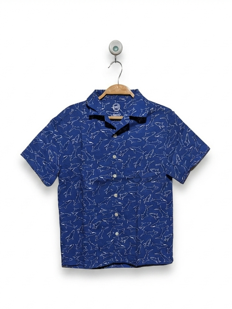 WONDER NATION Boys Blue Shark Print Short Sleeve Button-Down Shirt - Size M (8), Estimated Age 7-8 Years AB2