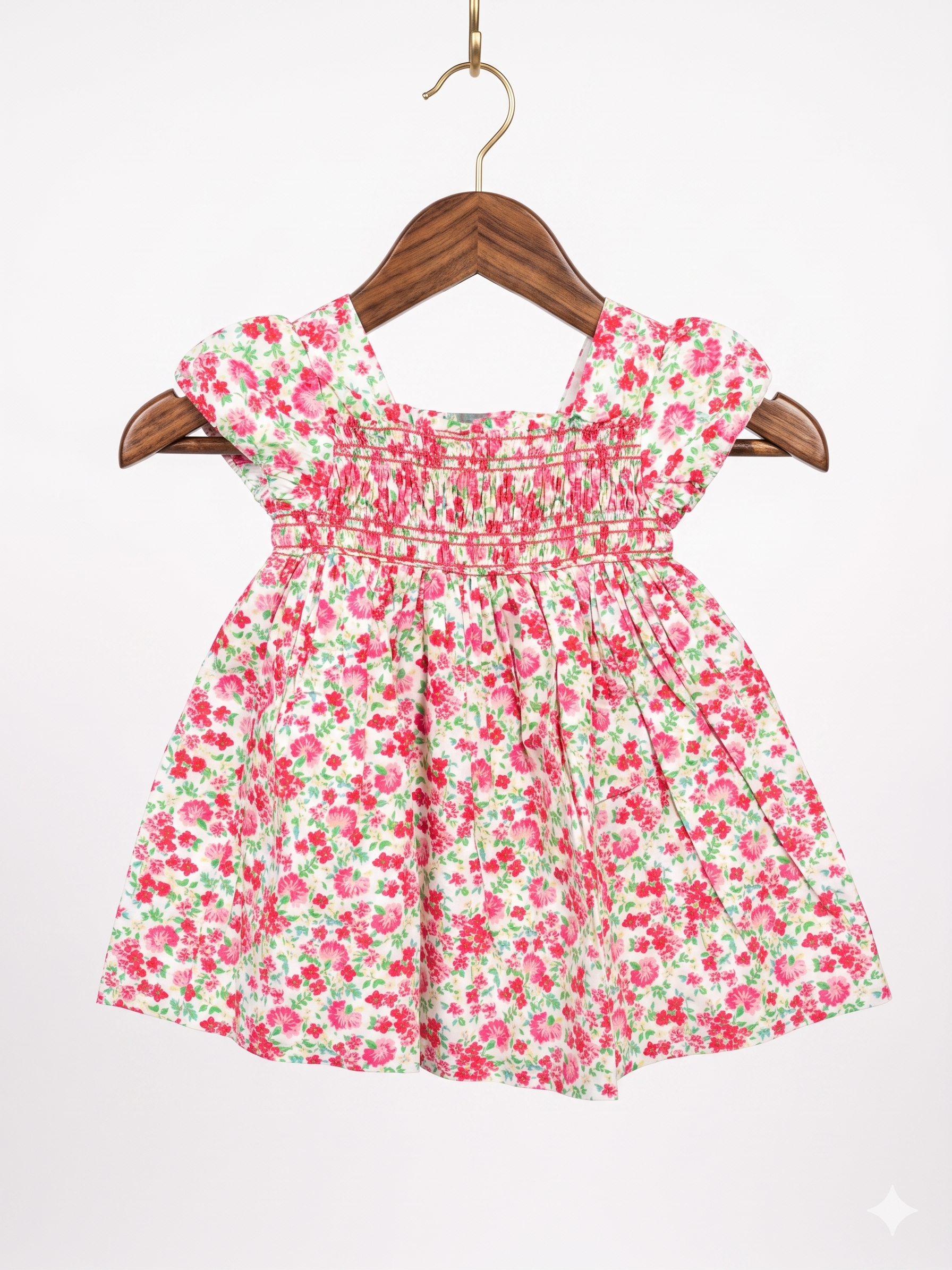 Ralph Lauren Baby Girls Pink & Green Floral Smocked Cotton Dress - Size 12M (Estimated 9-12 Months) AB1