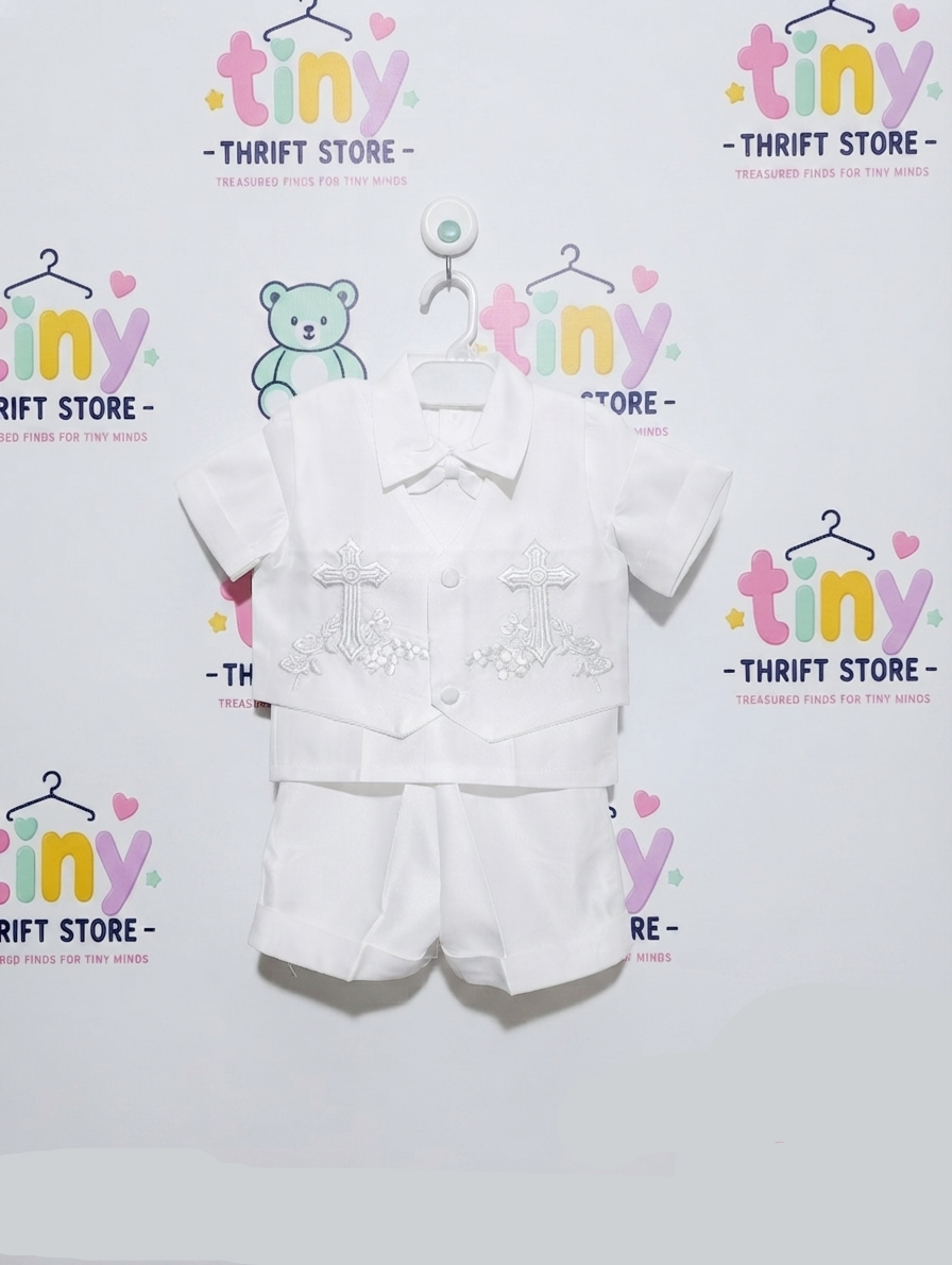 Generic Boys Pure White Embroidered Cross Christening Suit Set - Size Estimated Age 12-18 Months AB2