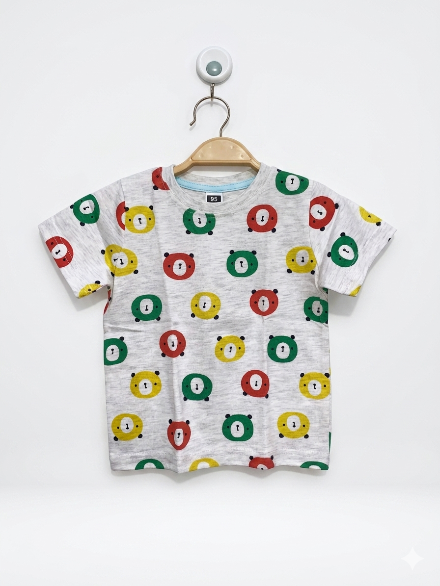 A front view of a light heather grey short-sleeved infant t-shirt featuring a repeating pattern of stylized red, green, and yellow bear faces. The shirt is displayed on a wooden hanger against a professional studio background.