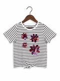 Nutmeg Girls' Striped Sequin Flower Tie-Front T-Shirt - Size 5-6 Years AB1