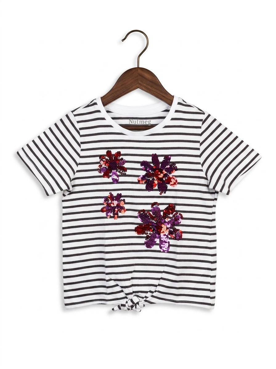 Nutmeg Girls' Striped Sequin Flower Tie-Front T-Shirt - Size 5-6 Years AB1