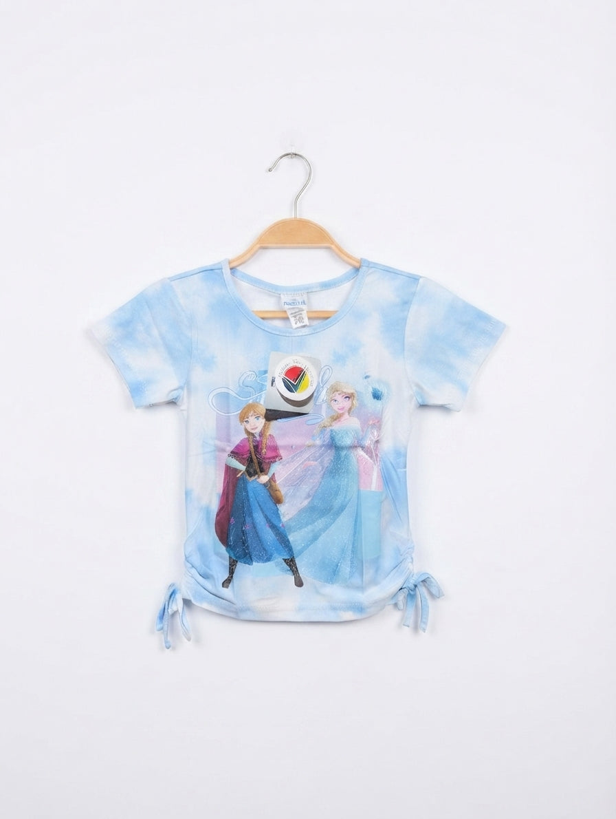Disney Frozen Girls Sky Blue Tie-Dye "Anna and Elsa" Short Sleeve Tee - Size 6-7 Yrs (122 cm) Estimated Age 6-7 Years AB2