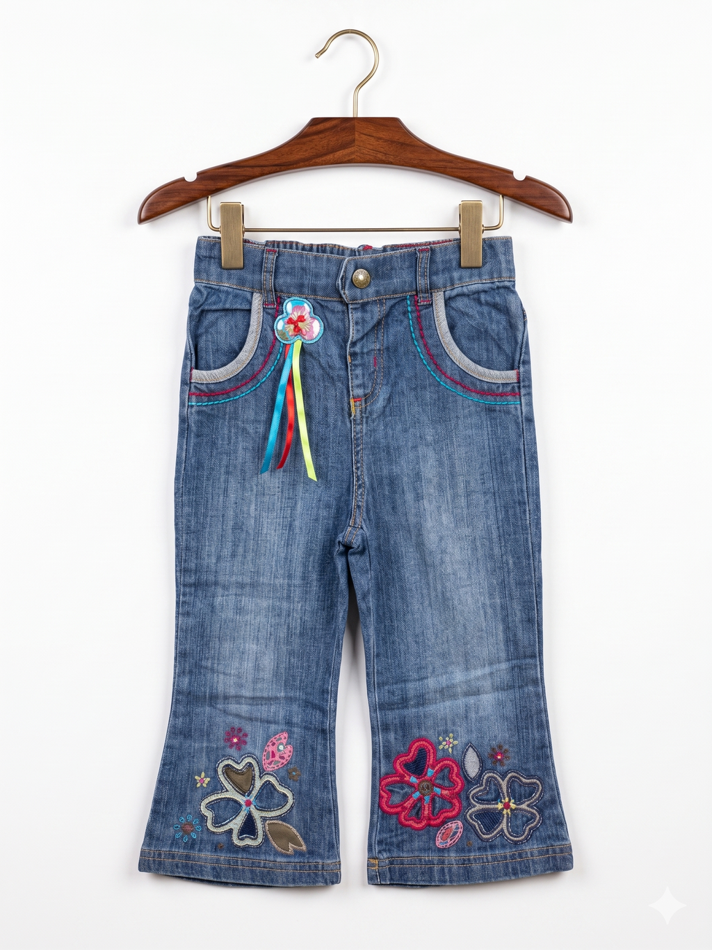Mamas & Papas Girls Floral Embroidered Bootcut Denim Jeans - Size 18-23M AB1