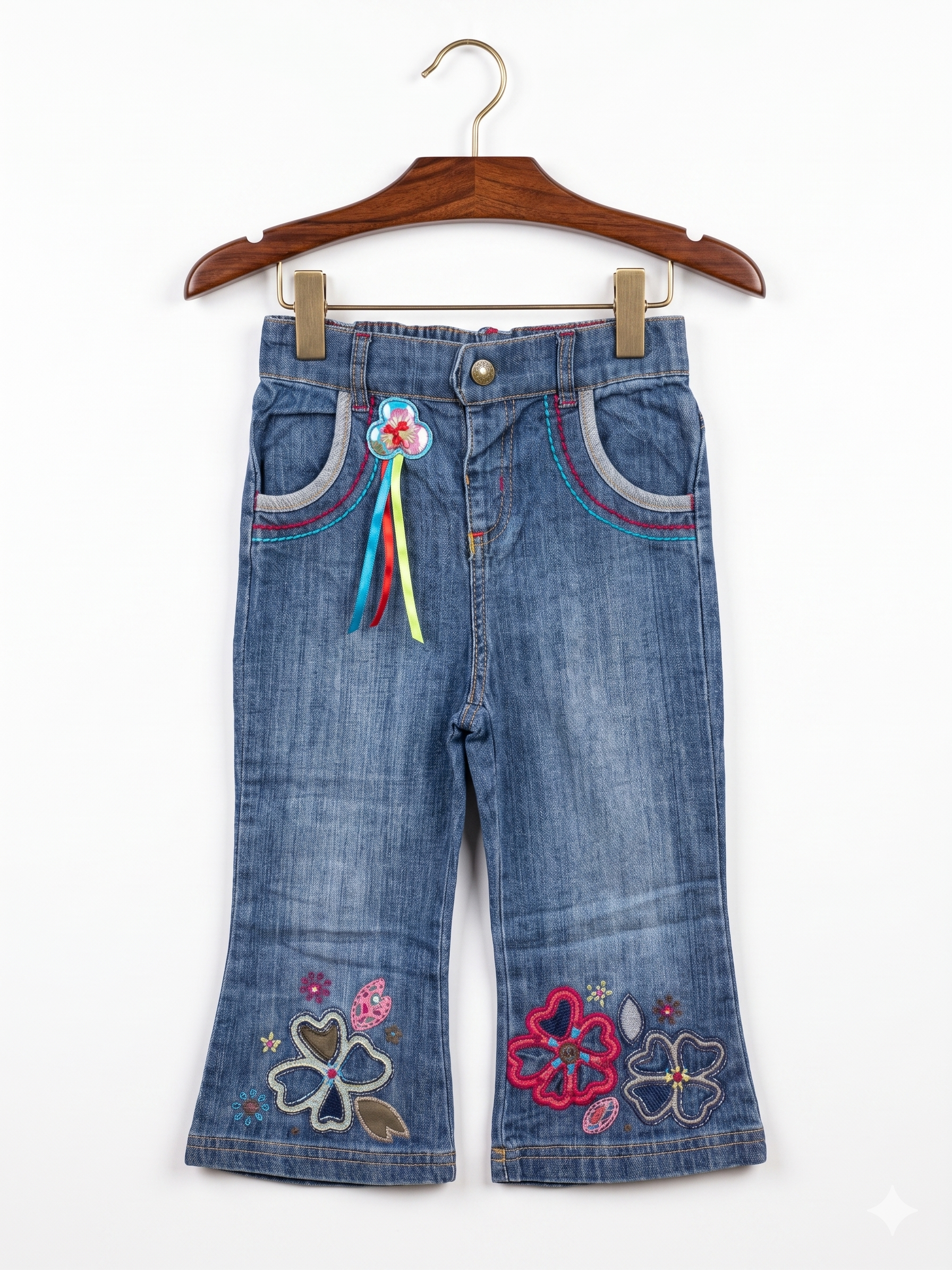Mamas & Papas Girls Floral Embroidered Bootcut Denim Jeans - Size 18-23M AB1