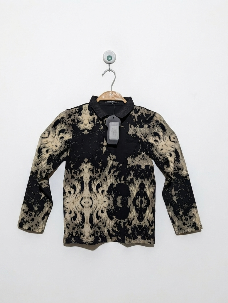 Appaman Boys Black & Tan "Abstract Print" Long Sleeve Polo - Size Estimated Age 6-7 Years AB2