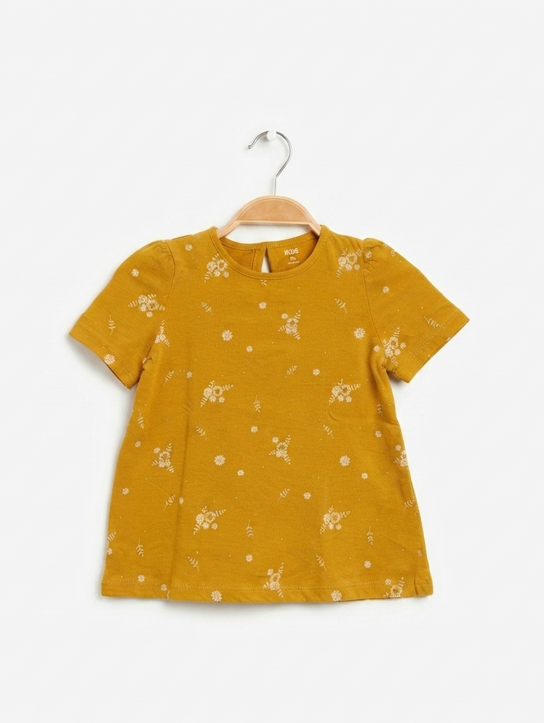 Kiabi Girls Mustard Floral Print Tee - Size 5A (Estimated Age 5 Years) AB2