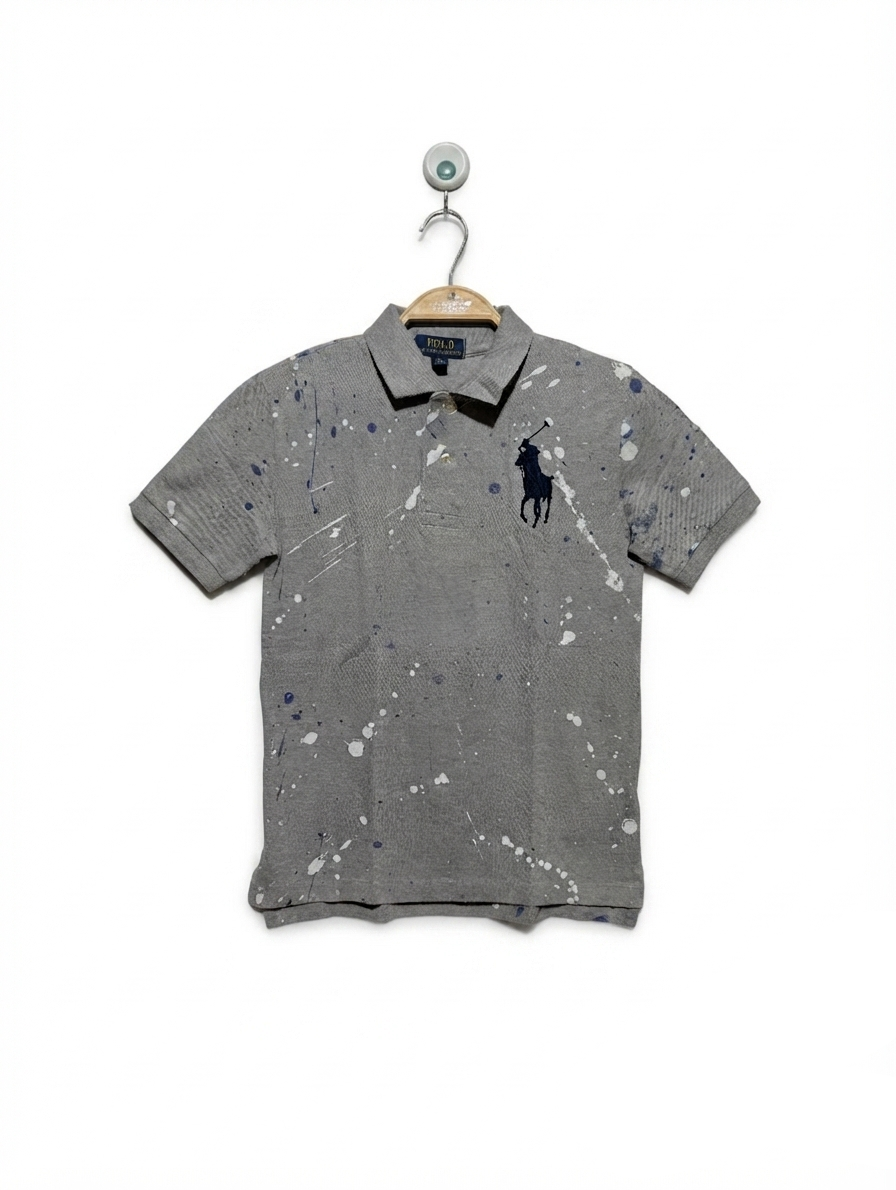 Polo Ralph Lauren Boys Grey "Paint Splatter" Polo Shirt - Size Estimated Age 8 Years AB2
