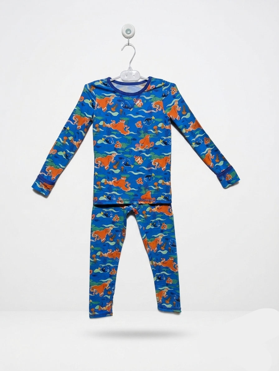 Disney / Cuddl Duds Unisex Kids Blue "Finding Nemo" Undersea Print Long Sleeve Thermal Top & Leggings Set - Size Estimated Age 4T AB2