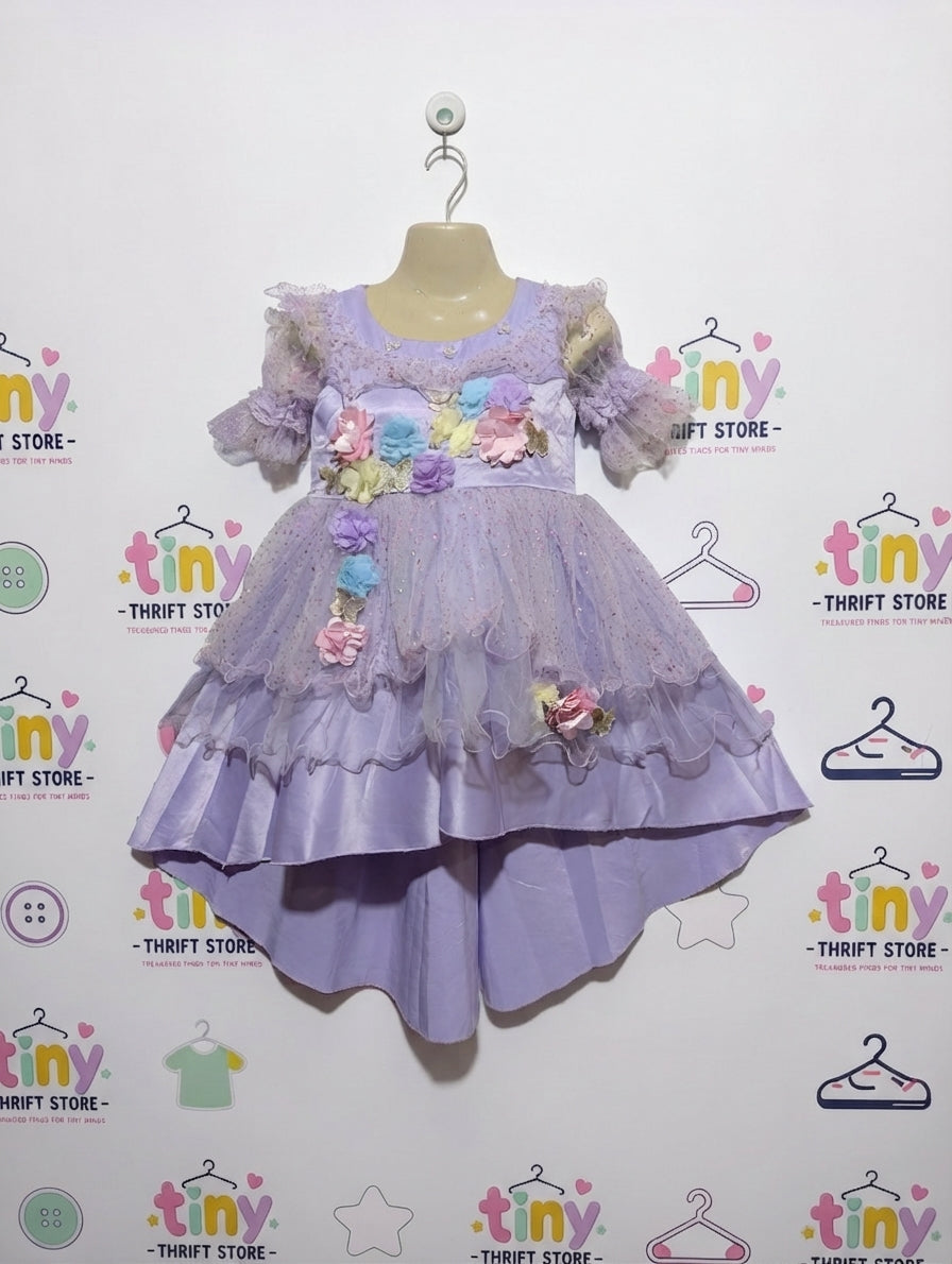 Gee-Azzy Girls Lavender "Floral Appliqué & Sparkle Tulle" High-Low Party Dress - Size Estimated Age 6 Years AB2