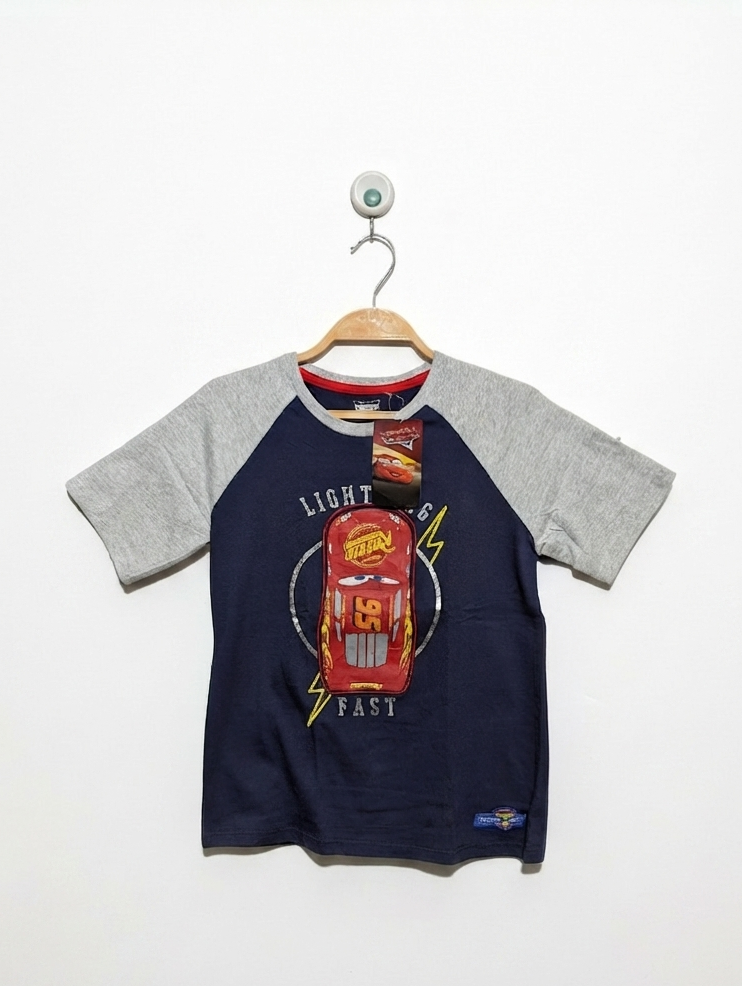 Disney Pixar Boys "Lightning McQueen" Navy & Grey Graphic Tee - Size 8 Estimated Age 7-8 Years AB2