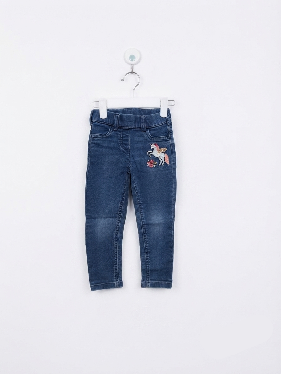 C&A Girls Blue Stretch Denim Unicorn Jeans - Size 98 Estimated Age 3 Years AB2