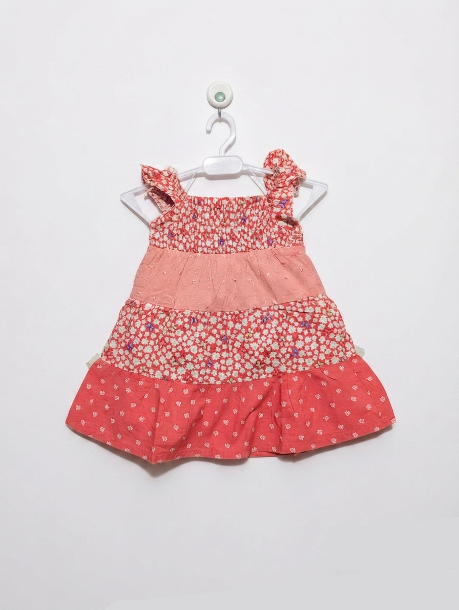 Penelope Mack Girls Coral Pink "Floral Meadow" Tiered Sundress - Size Estimated Age 2T AB2