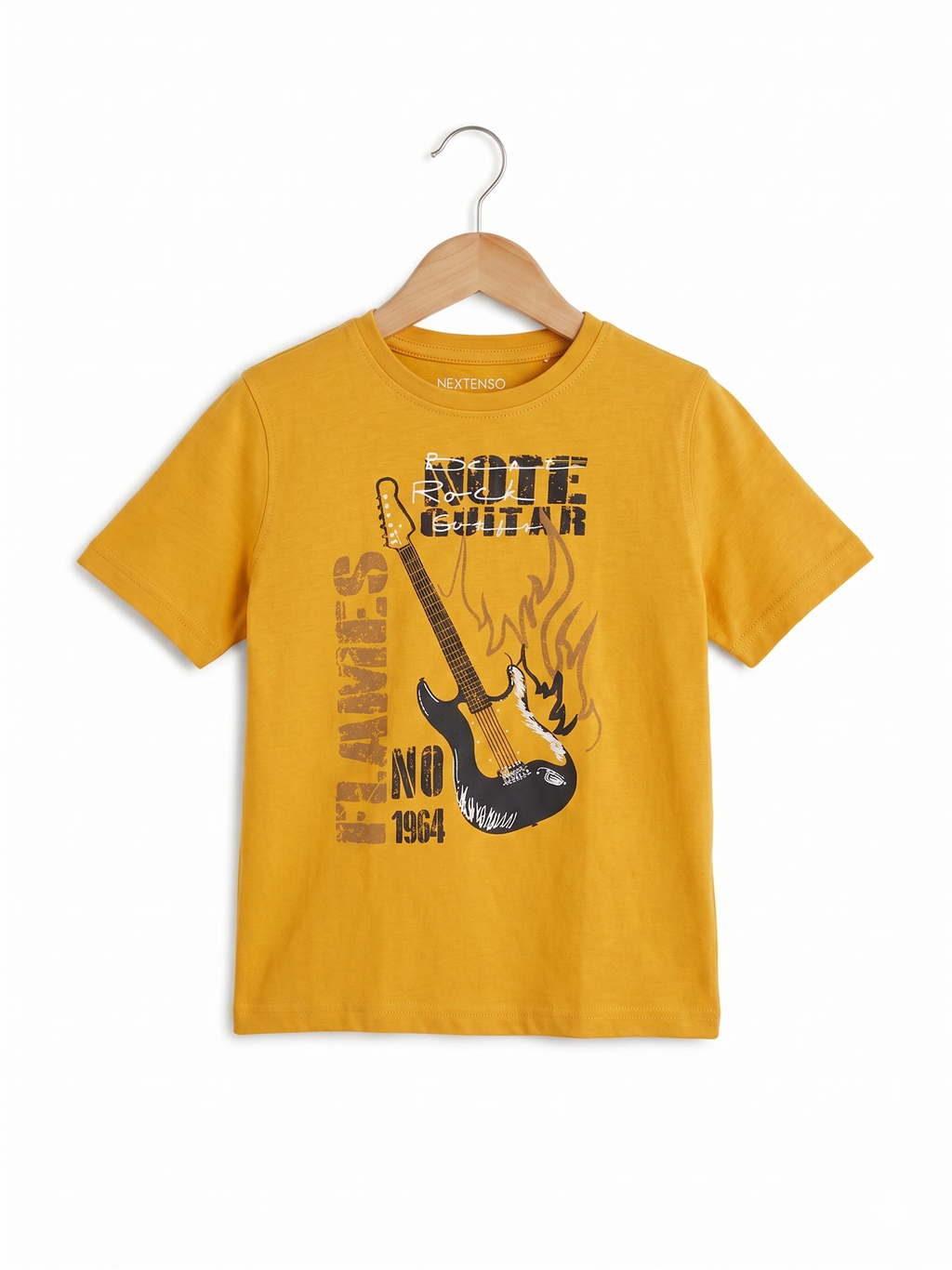 Inextenso Boys Mustard Yellow "Rock Guitar & Flames" Organic Cotton Tee - Size 8 (119-131cm) AB1