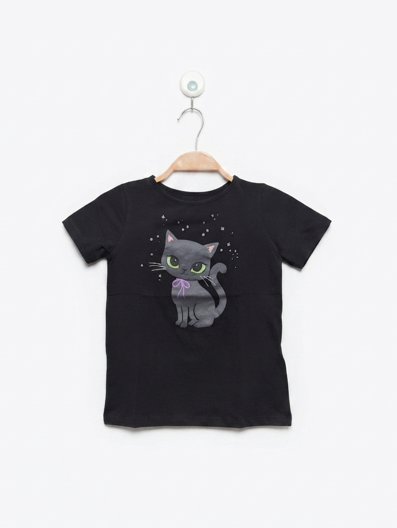 H&M Girls Black "Cute Cat" Graphic Tee - Size 5T/6 (Estimated Age 5-6 Years) AB2