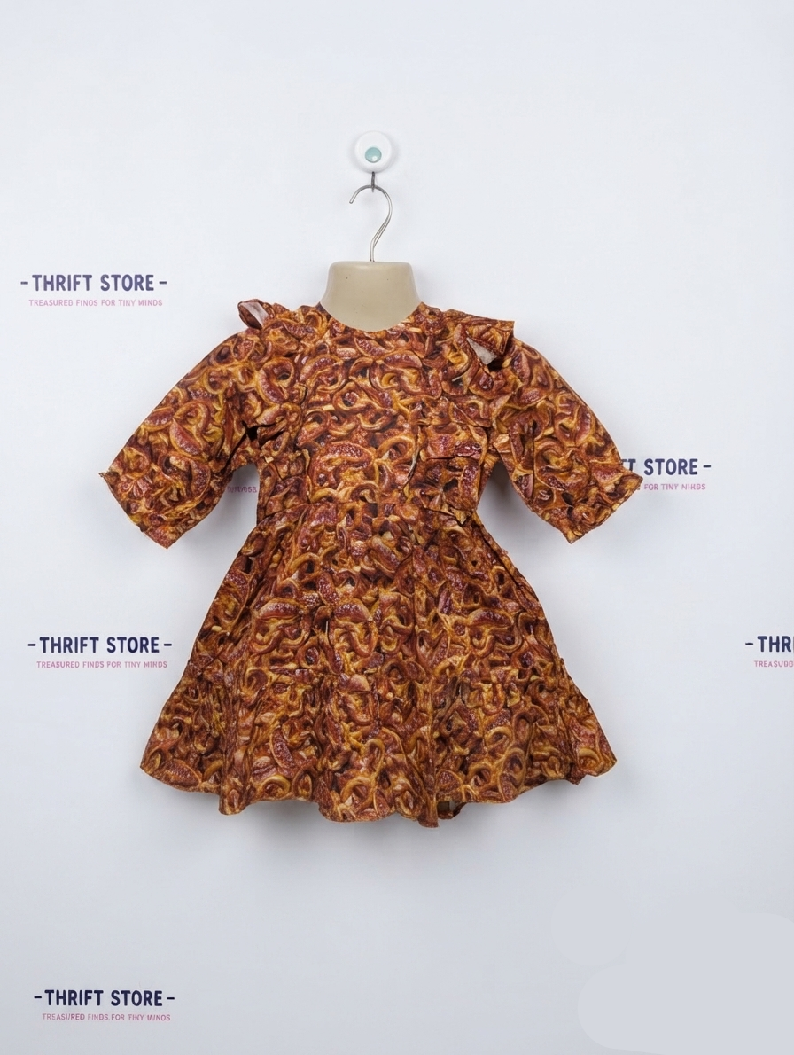 Unbranded Girls Brown Pretzel Print Ruffled Tiered Dress - Size 3-4 Years Estimated Age 3-4 Years AB2