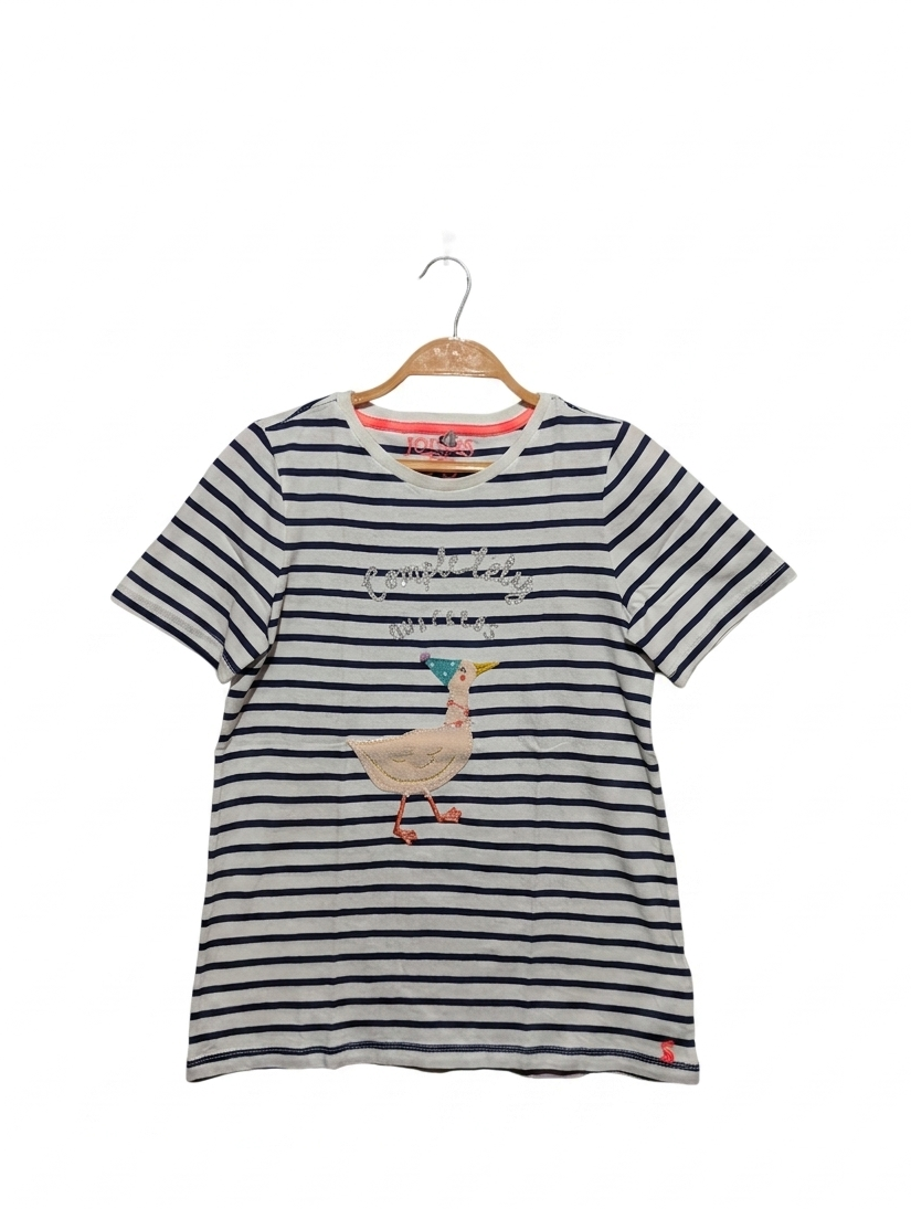 Joules Girls Navy & White Striped "Party Duck" Graphic Tee - Size Estimated Age 11-12 Years AB2