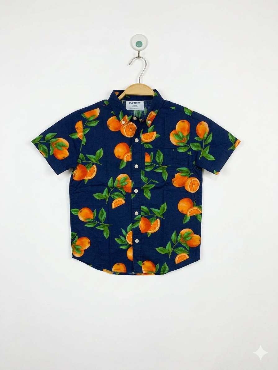 Old Navy Boys Navy Blue Tropical Citrus "Built-In Flex" Button-Down Shirt - Size S (6-7) AB1