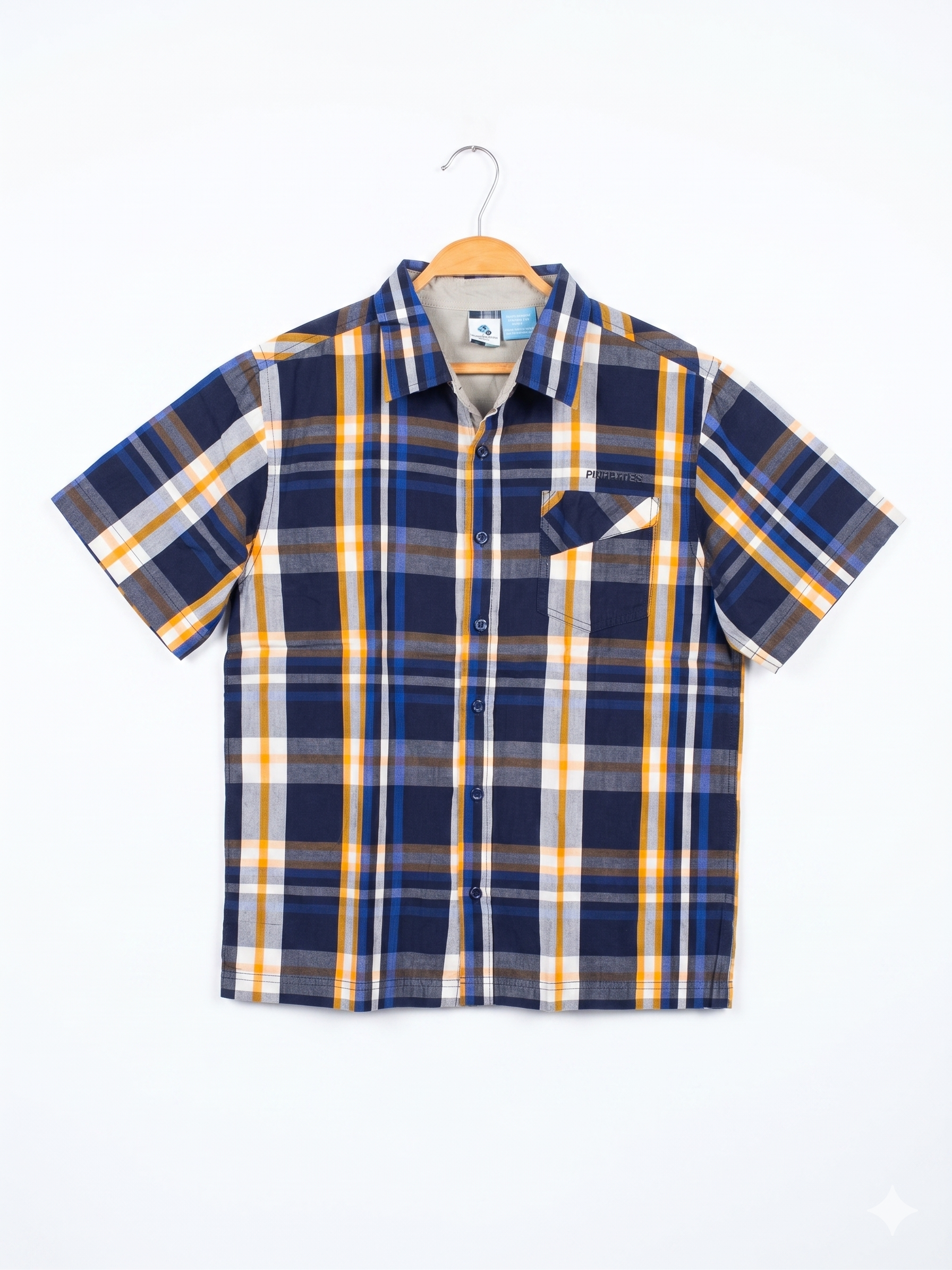 Phys.Sci Boys Navy & Orange Plaid Short Sleeve Button-Down - Size Estimated Age 10-12 AB1