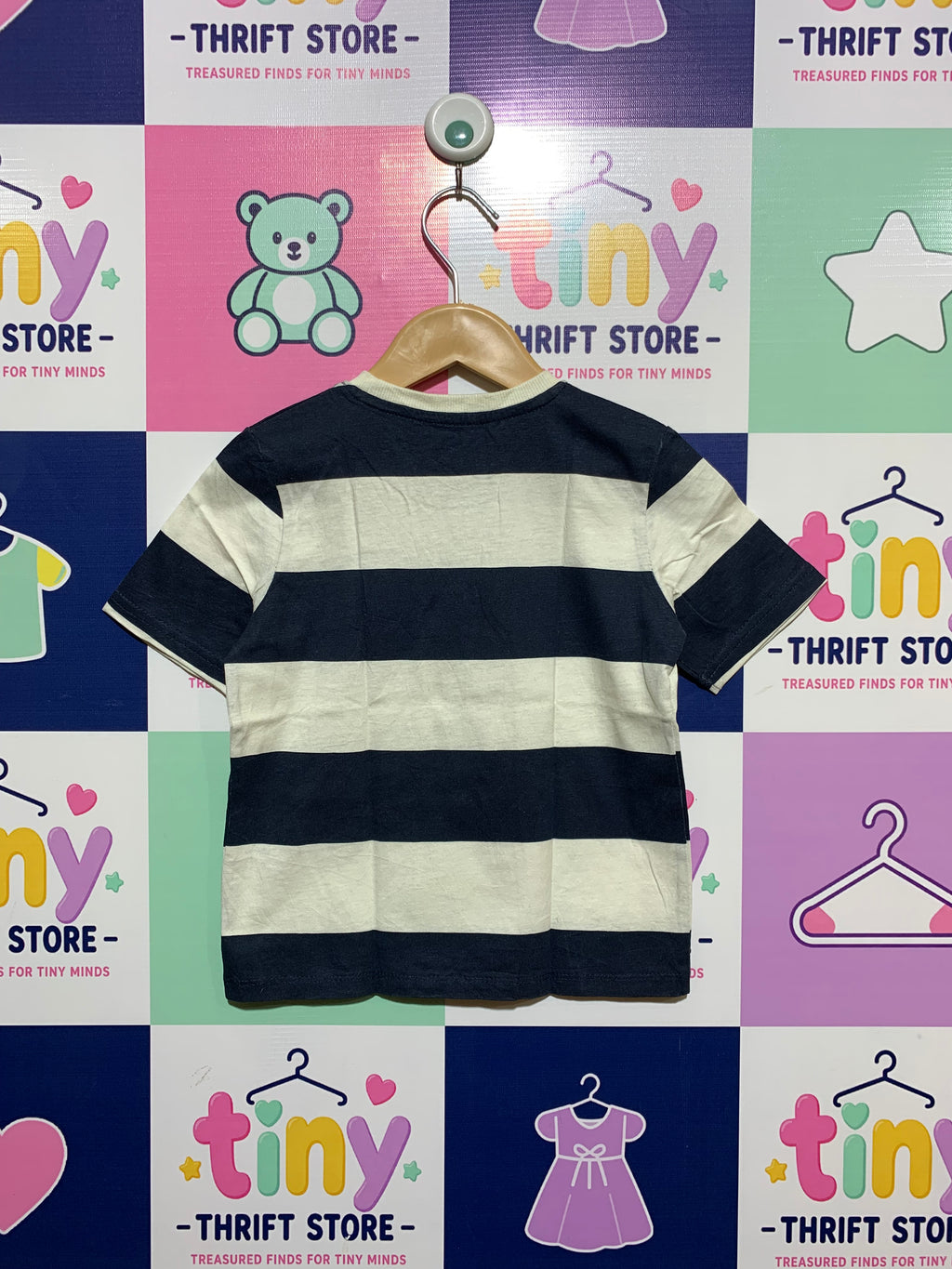 Little Kids Boys Navy & White Striped Graphic Tee - Size 3-4 Years AB1
