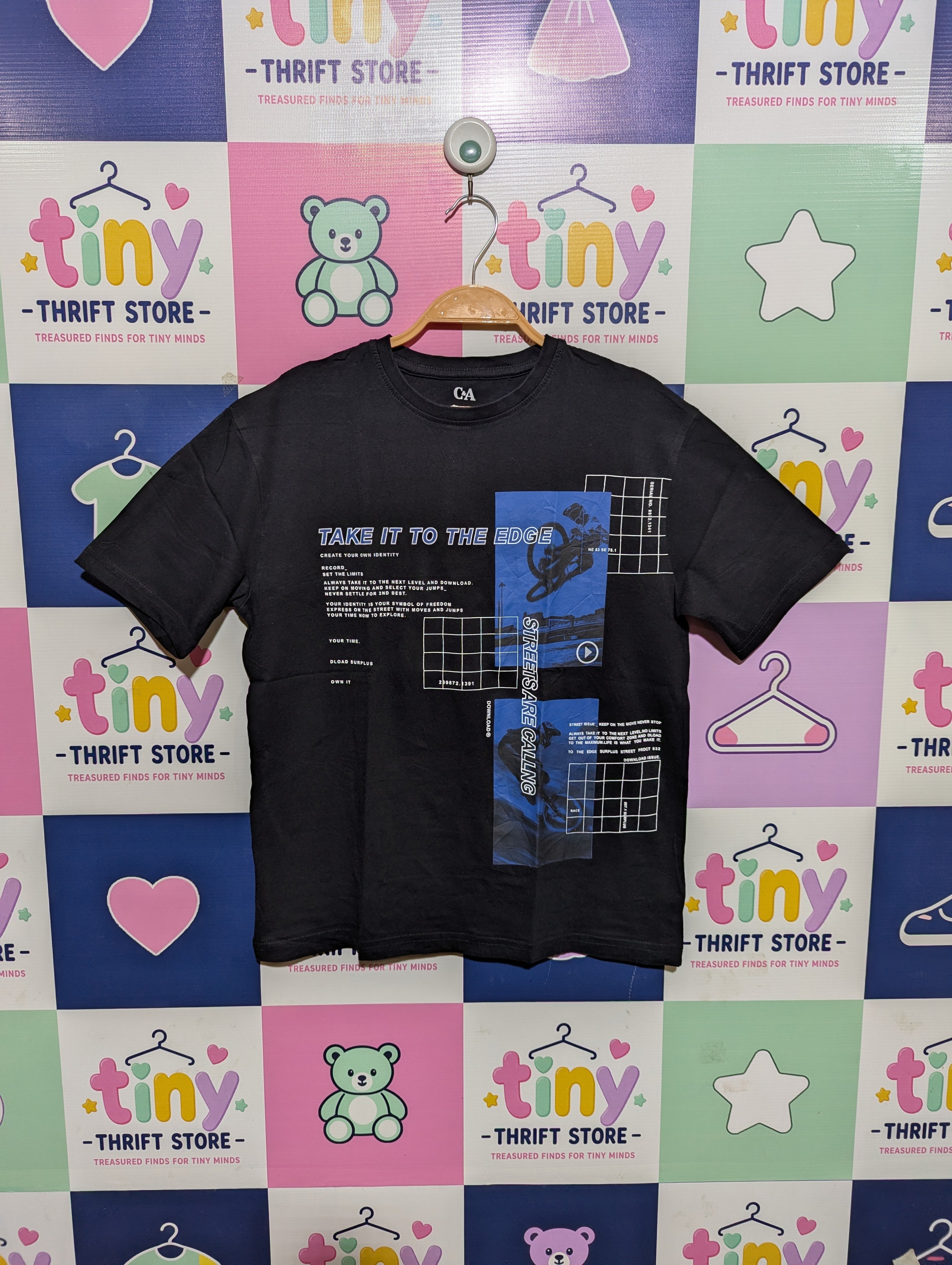 C&A Boys Black "Take It To The Edge" Graphic Short Sleeve Tee - Size 158 Estimated Age 13 Years AB1
