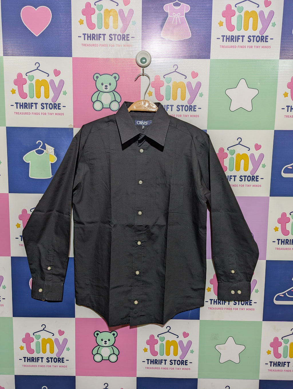 Chaps Boys Solid Black Long Sleeve Button-Down Dress Shirt - Size Estimated Age 14 Years AB1