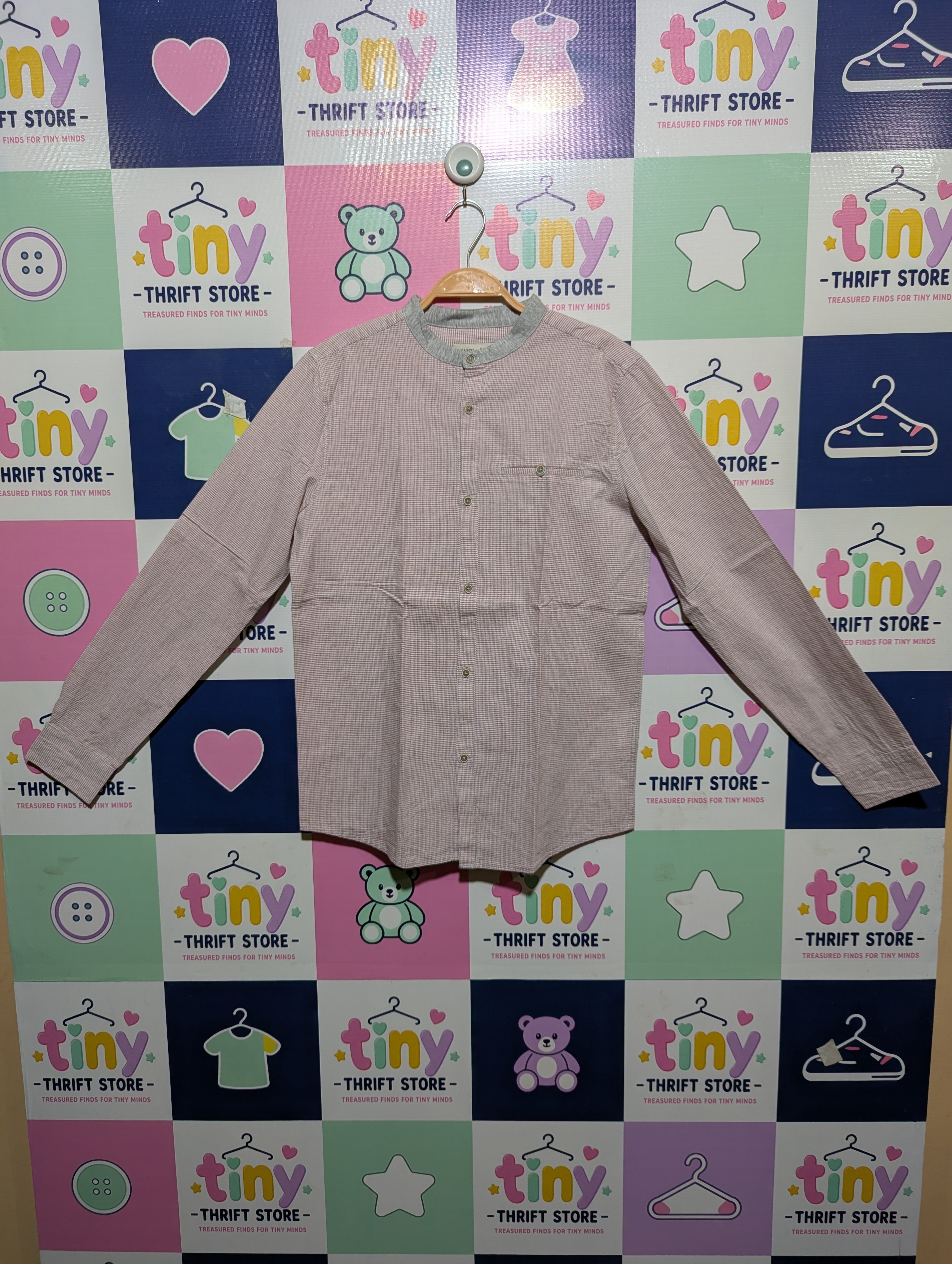Zara Boys Pink & White Gingham Micro-Check Long Sleeve Mandarin Collar Shirt - Size Estimated Age 13-14 Years AB1