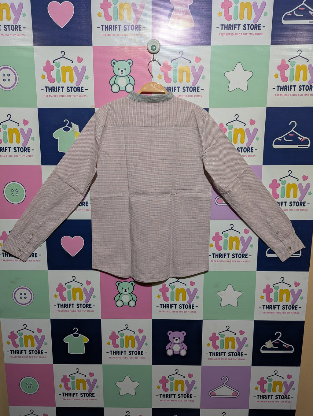 Zara Boys Pink & White Gingham Micro-Check Long Sleeve Mandarin Collar Shirt - Size Estimated Age 13-14 Years AB1