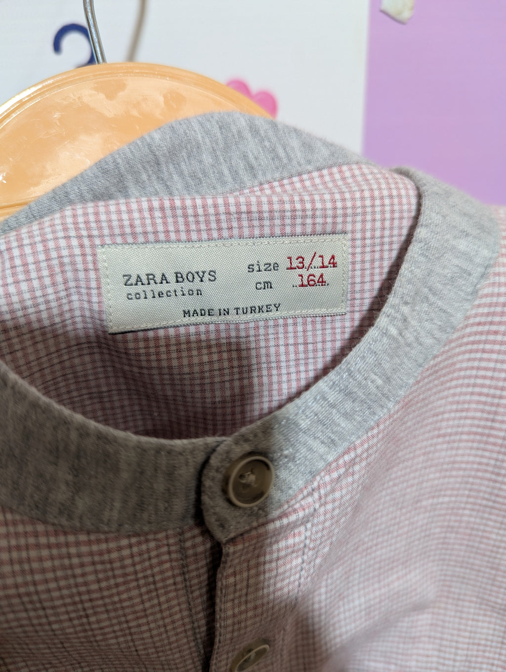 Zara Boys Pink & White Gingham Micro-Check Long Sleeve Mandarin Collar Shirt - Size Estimated Age 13-14 Years AB1