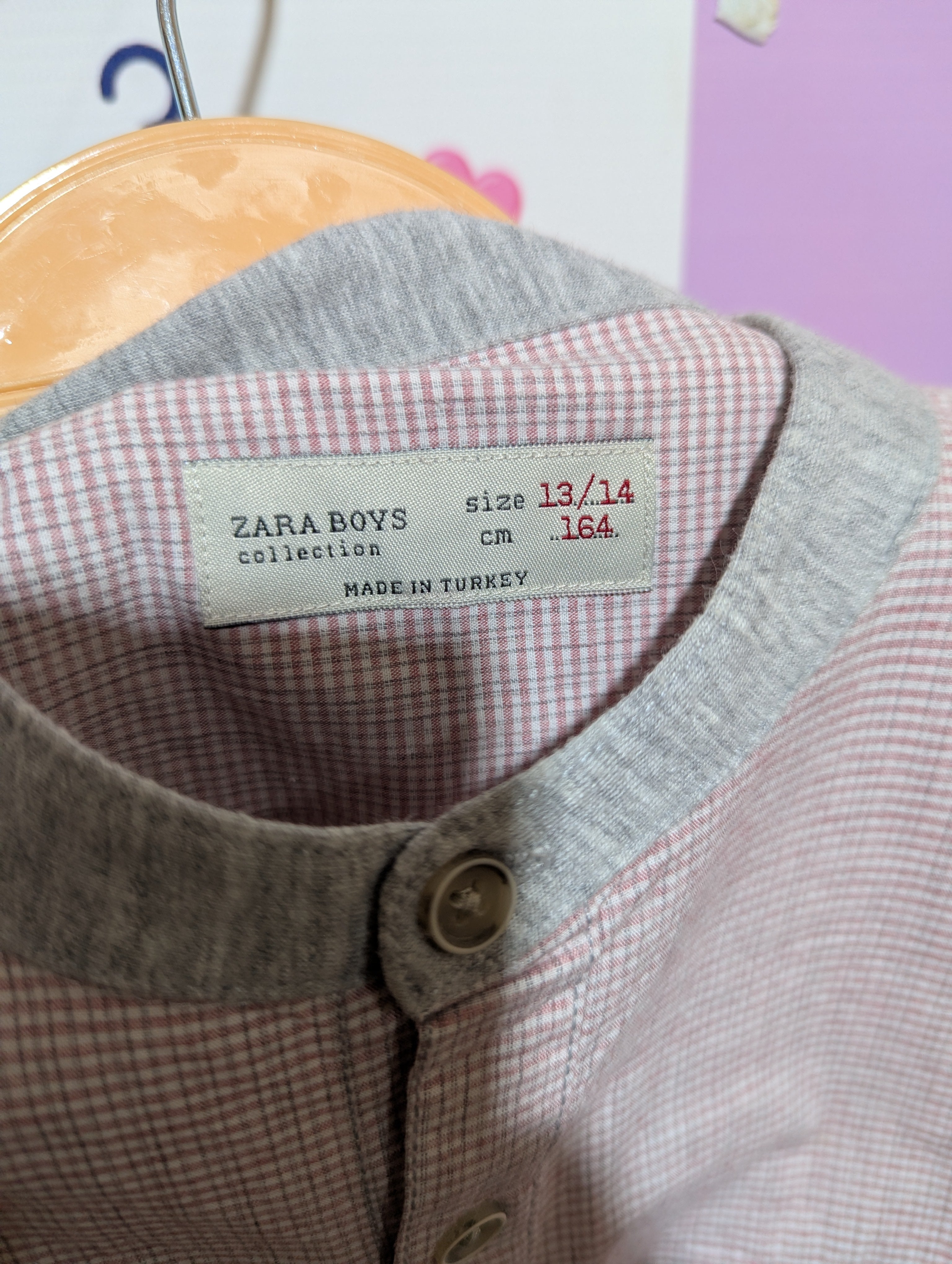 Zara Boys Pink & White Gingham Micro-Check Long Sleeve Mandarin Collar Shirt - Size Estimated Age 13-14 Years AB1