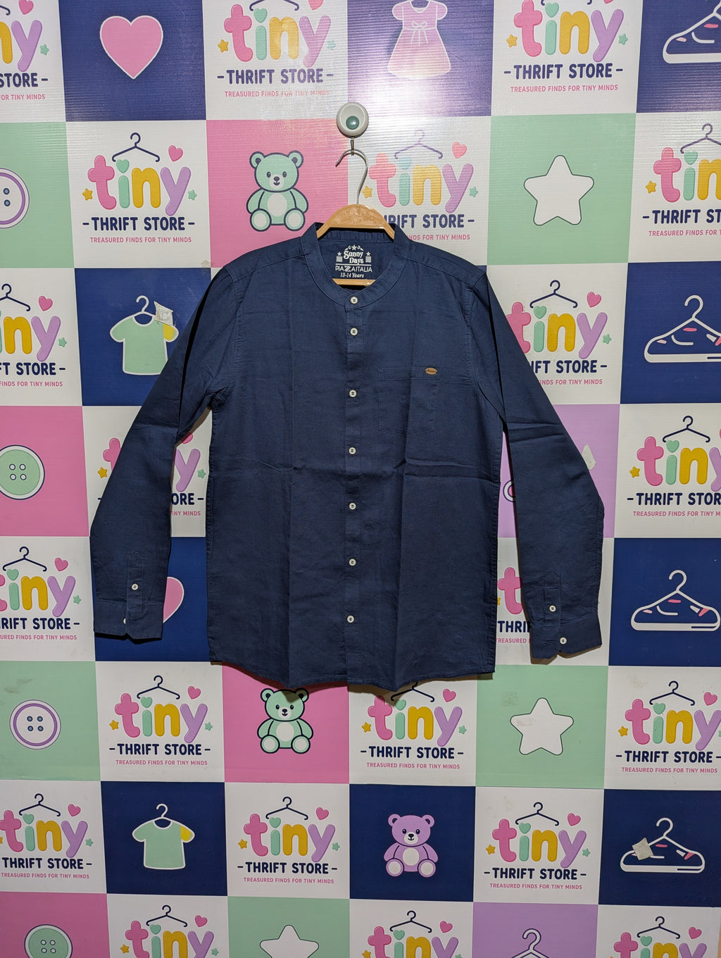 Piazza Italia Boys Navy Blue Mandarin Collar Long Sleeve Shirt - Size Estimated Age 13-14 Years AB1