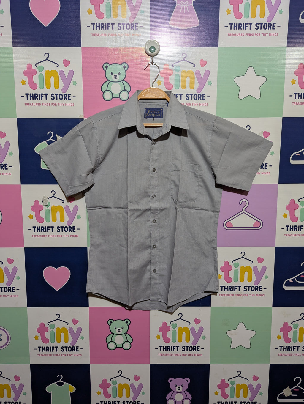 Enrico Bertucci Boys Soft Grey Short Sleeve Button-Down Dress Shirt - Size Estimated Age 13-14 Years AB1