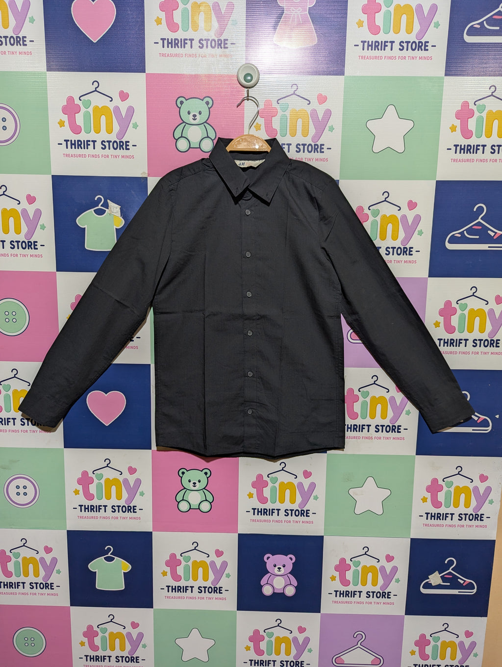 H&M Boys Classic Charcoal Black Long Sleeve Button-Down Shirt - Size Estimated Age 12-13 Years AB1