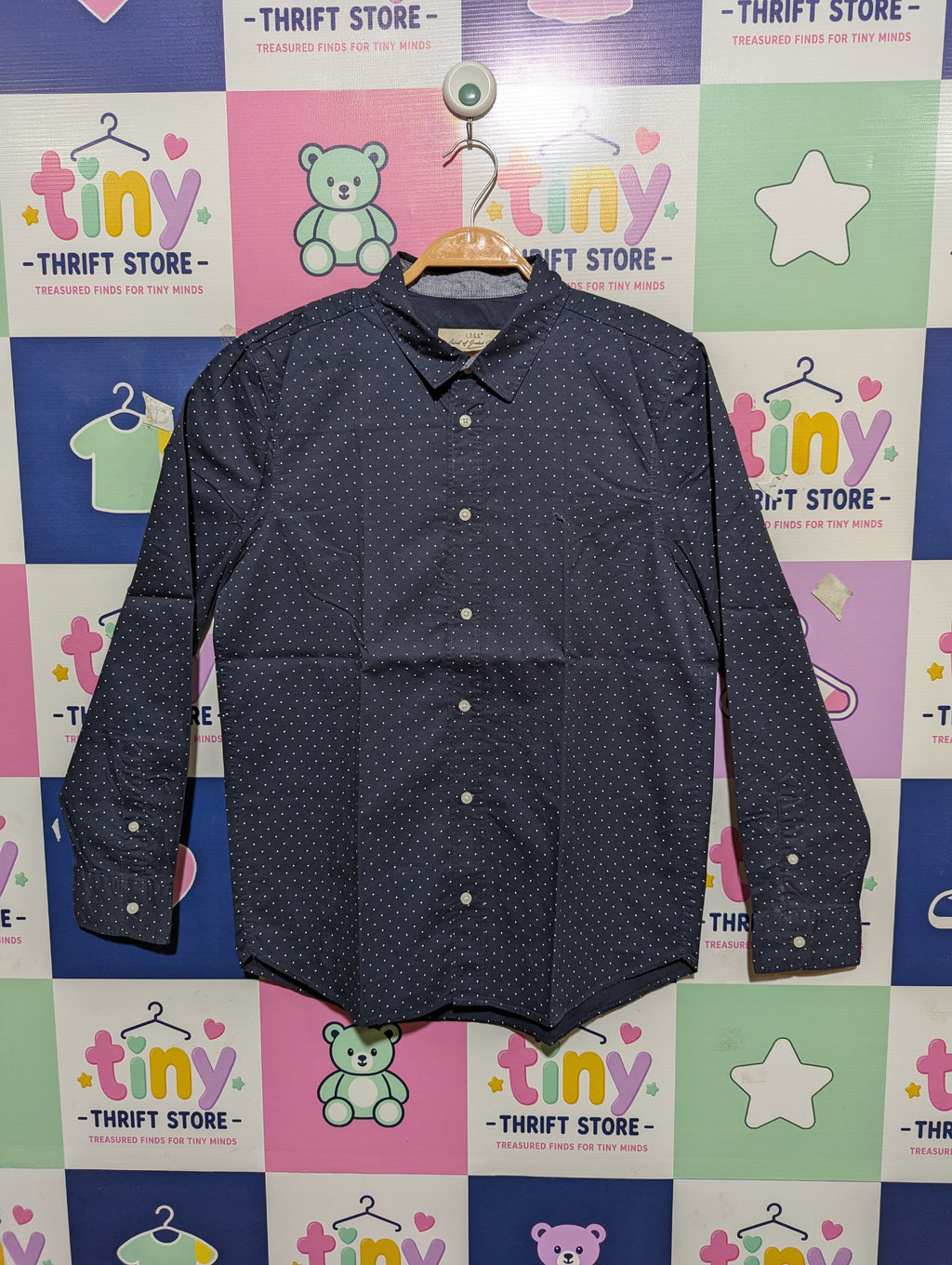 H&M L.O.G.G. Boys Navy Blue Polka Dot Long Sleeve Button-Down Shirt - Size 13/14 Years (164 cm) AB1