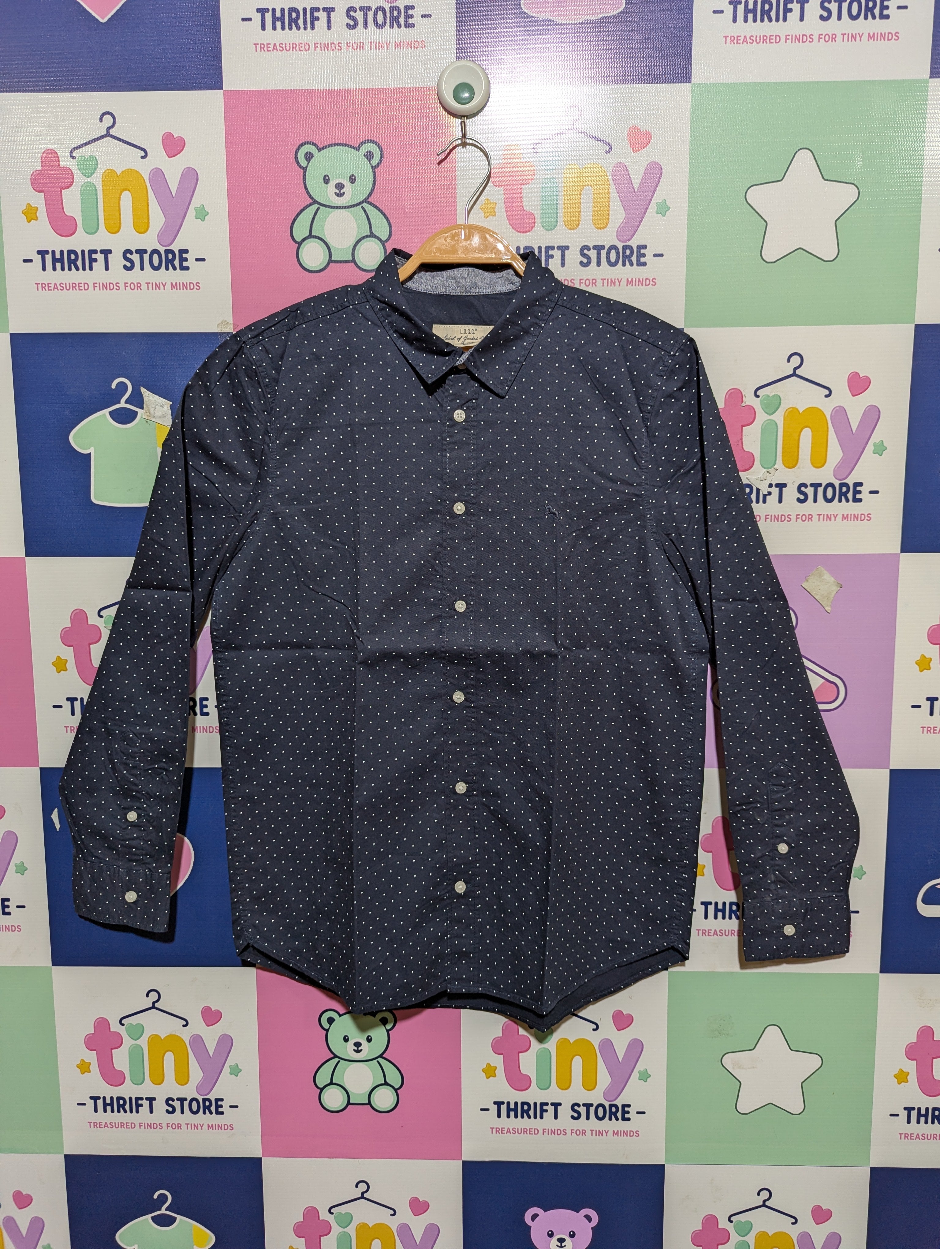 H&M L.O.G.G. Boys Navy Blue Polka Dot Long Sleeve Button-Down Shirt - Size 13/14 Years (164 cm) AB1