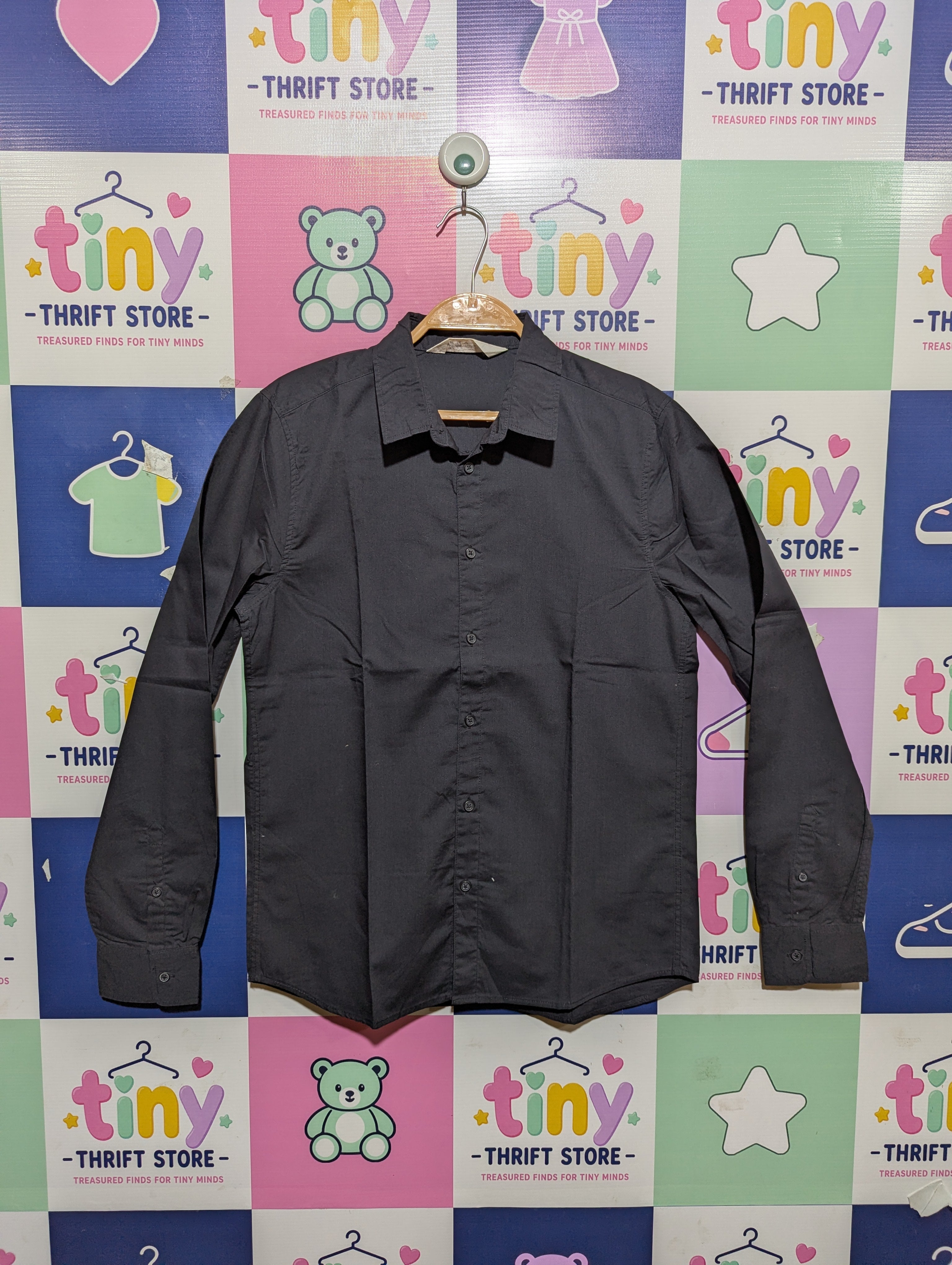H&M Boys Solid Dark Grey Long Sleeve Button-Down Dress Shirt - Size 12/13 Years (158 cm) AB1