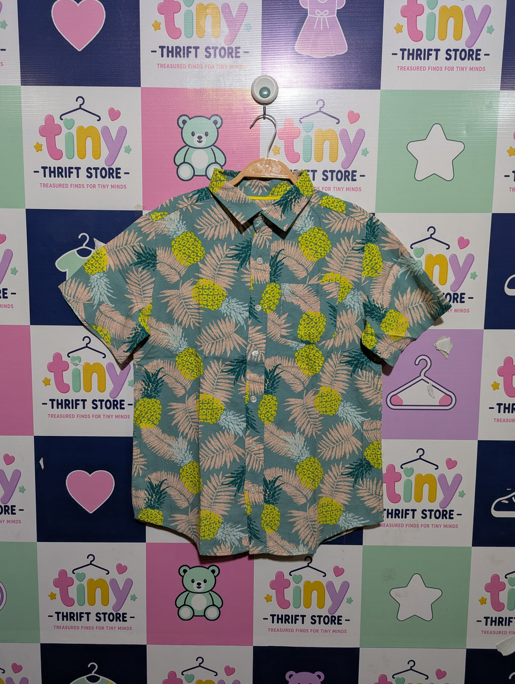 Cat & Jack Boys Teal Pineapple & Tropical Palm Leaf Print Short Sleeve Button-Down Shirt - Size Estimated Age 12-14 Years L (12/14) AB1