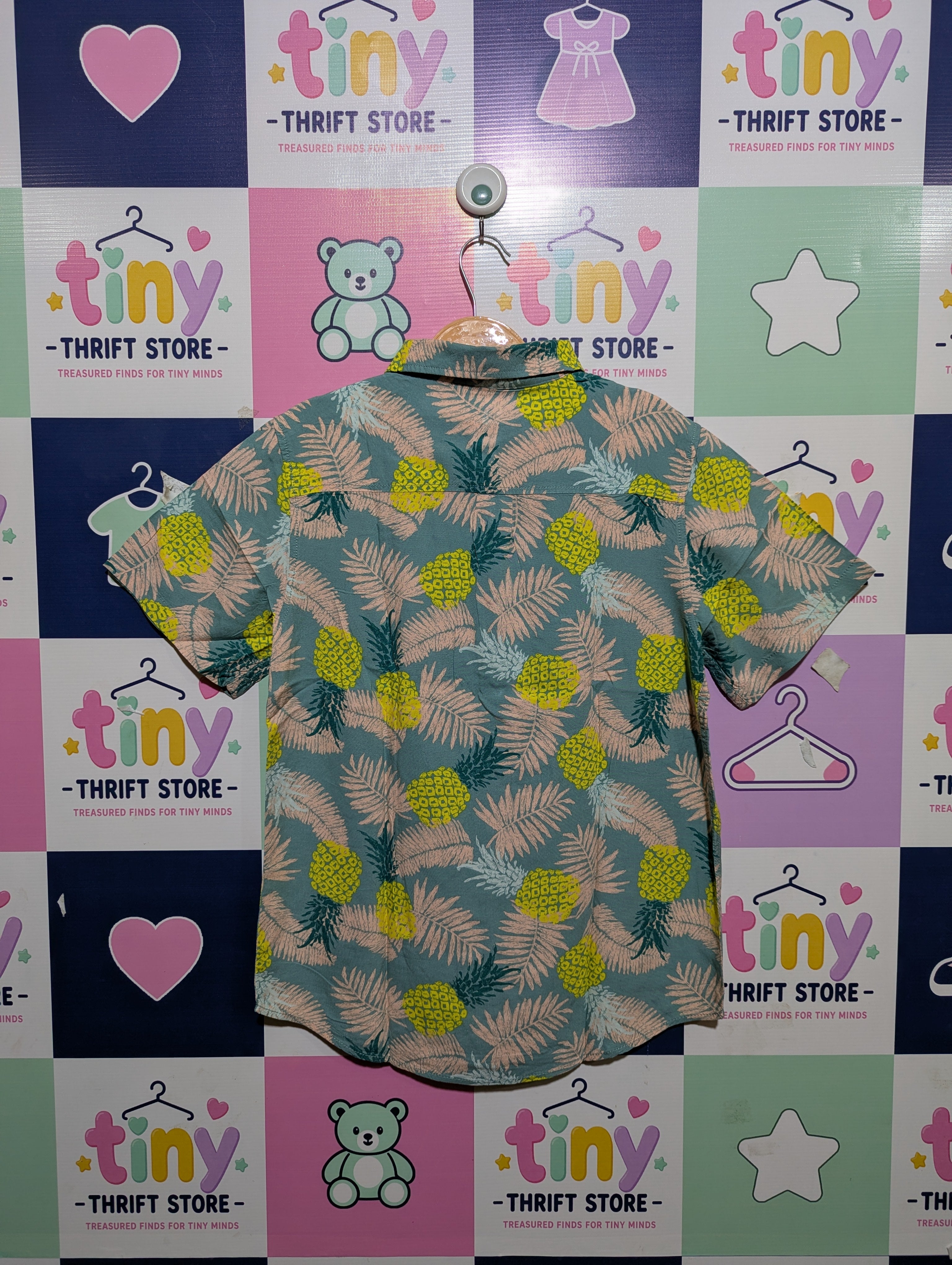 Cat & Jack Boys Teal Pineapple & Tropical Palm Leaf Print Short Sleeve Button-Down Shirt - Size Estimated Age 12-14 Years L (12/14) AB1