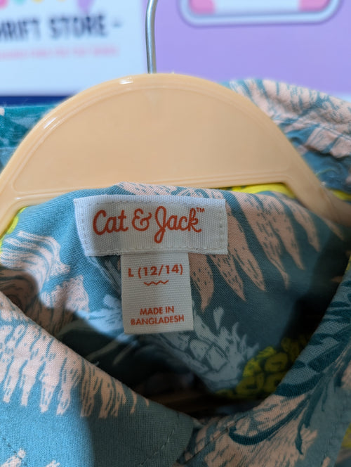 Cat & Jack Boys Teal Pineapple & Tropical Palm Leaf Print Short Sleeve Button-Down Shirt - Size Estimated Age 12-14 Years L (12/14) AB1