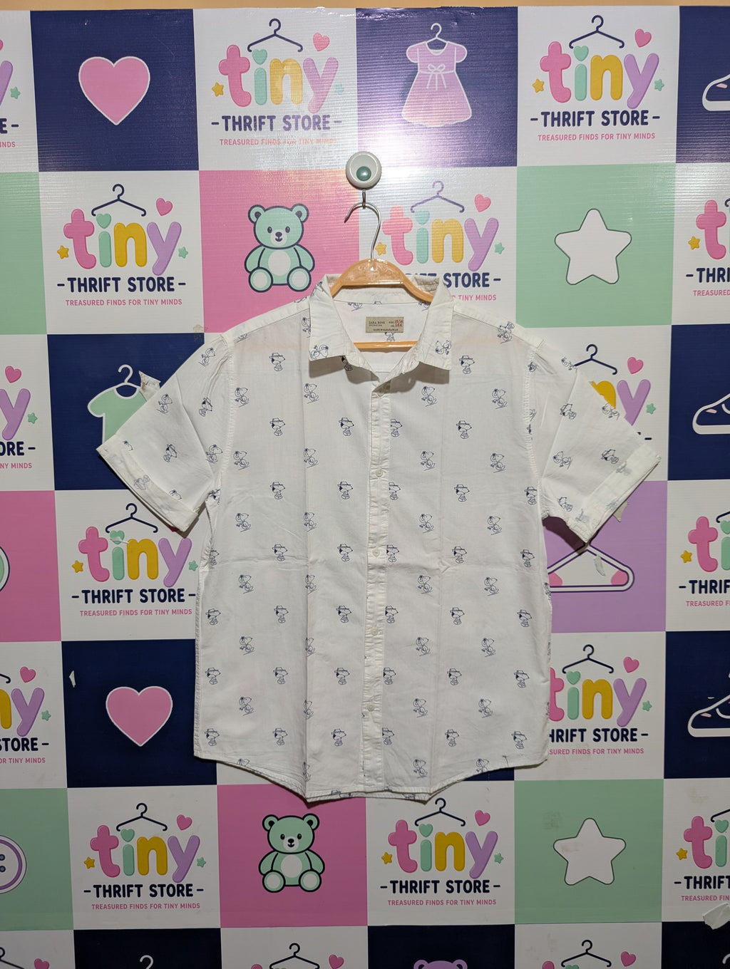 Zara Boys White Snoopy Print Short-Sleeve Button-Down Shirt - Size 13/14 Years (Estimated Age 13-14) AB1