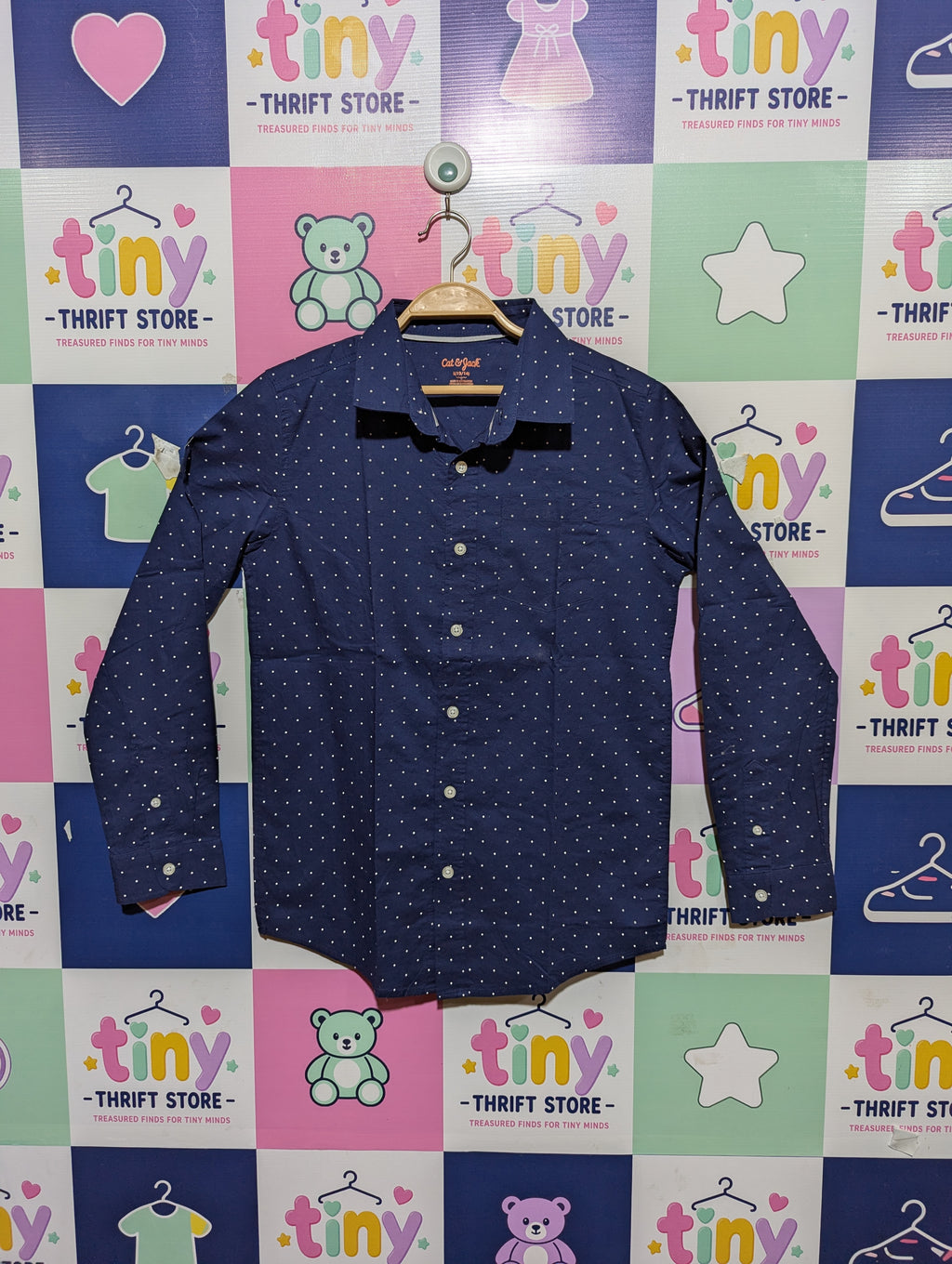 Cat & Jack Boys Navy Blue Polka Dot Long-Sleeve Button-Down Shirt - Size L 12/14 Years (Estimated Age 12-14) AB1