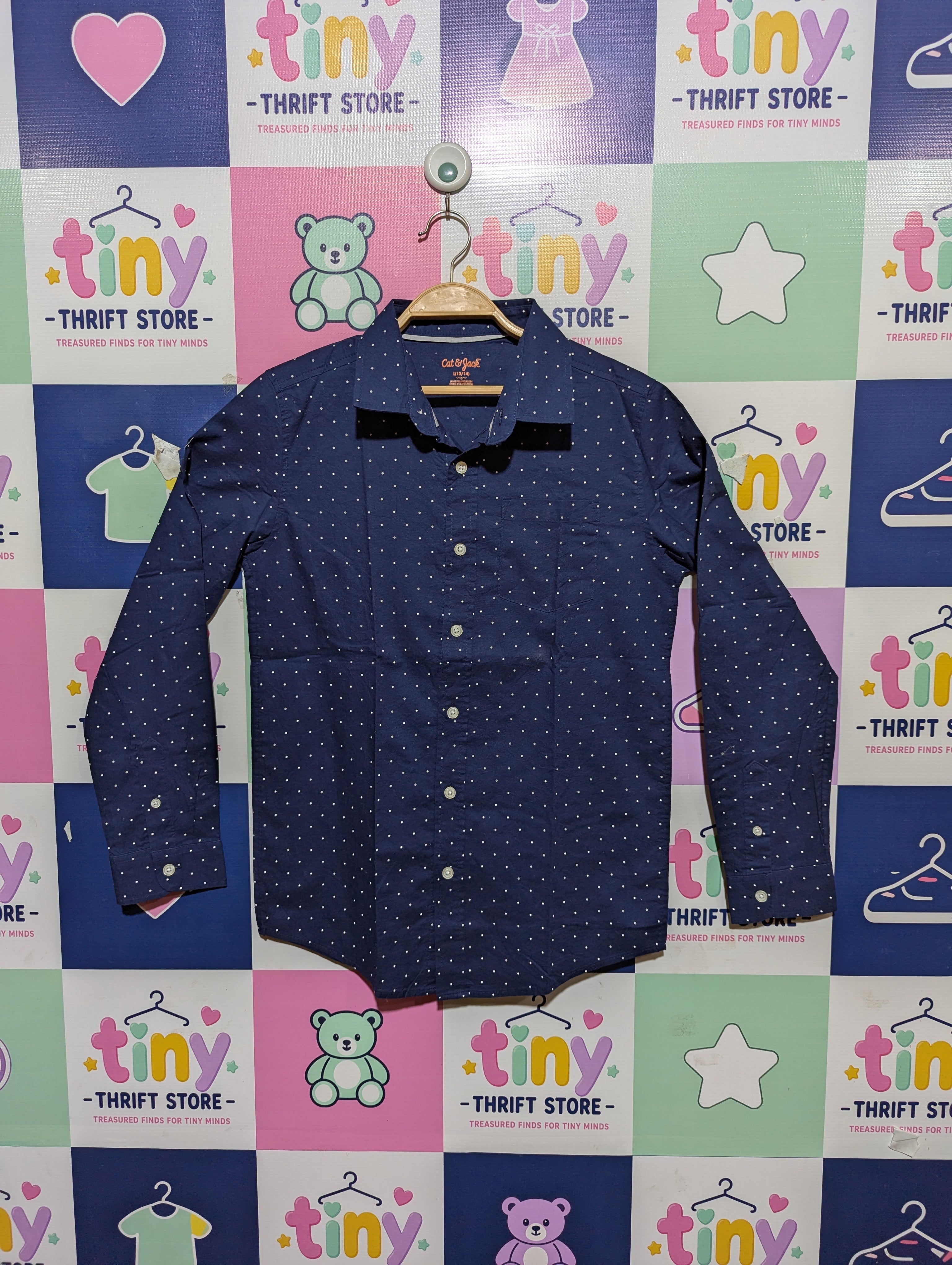 Cat & Jack Boys Navy Blue Polka Dot Long-Sleeve Button-Down Shirt - Size L 12/14 Years (Estimated Age 12-14) AB1