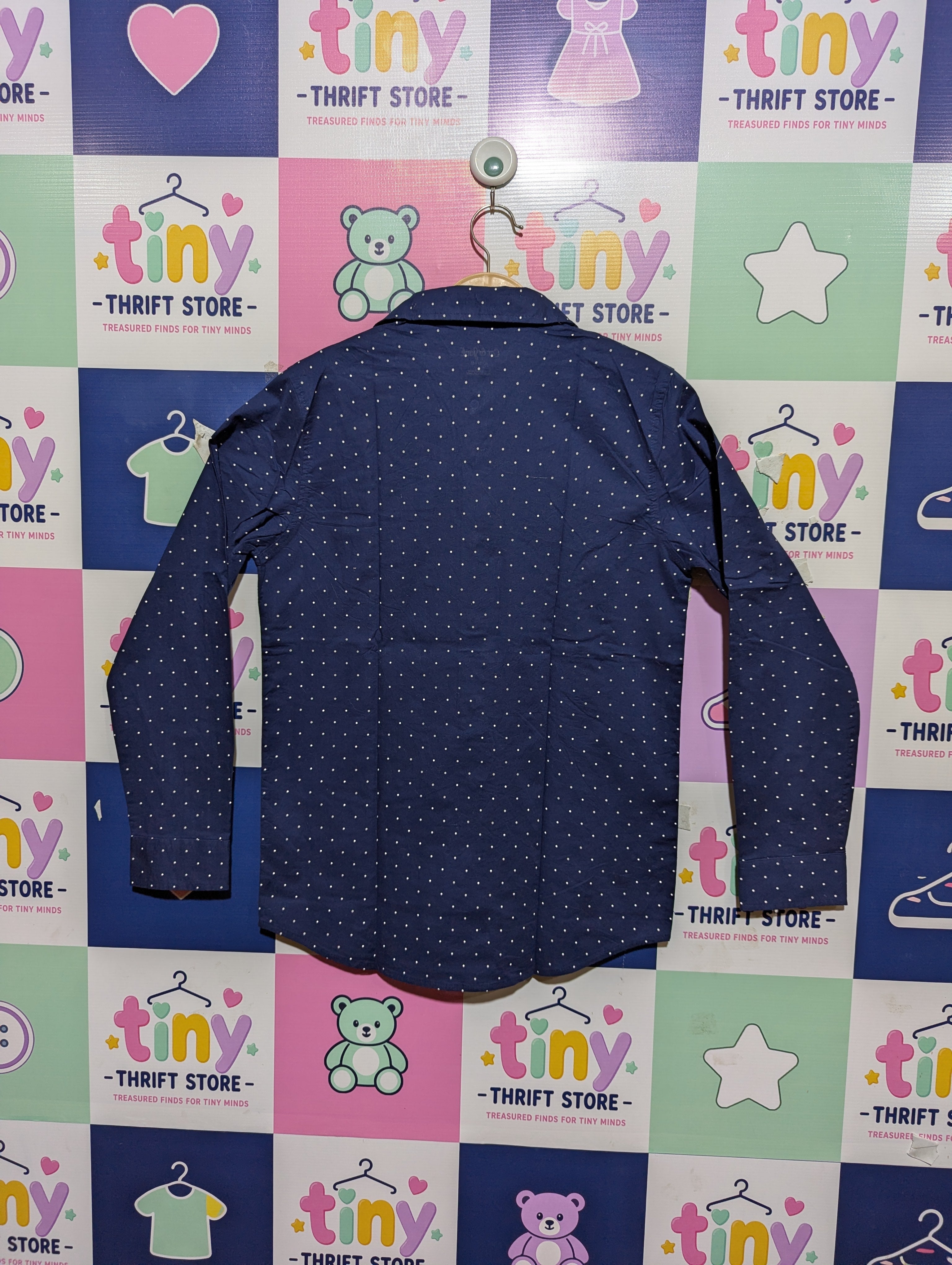 Cat & Jack Boys Navy Blue Polka Dot Long-Sleeve Button-Down Shirt - Size L 12/14 Years (Estimated Age 12-14) AB1